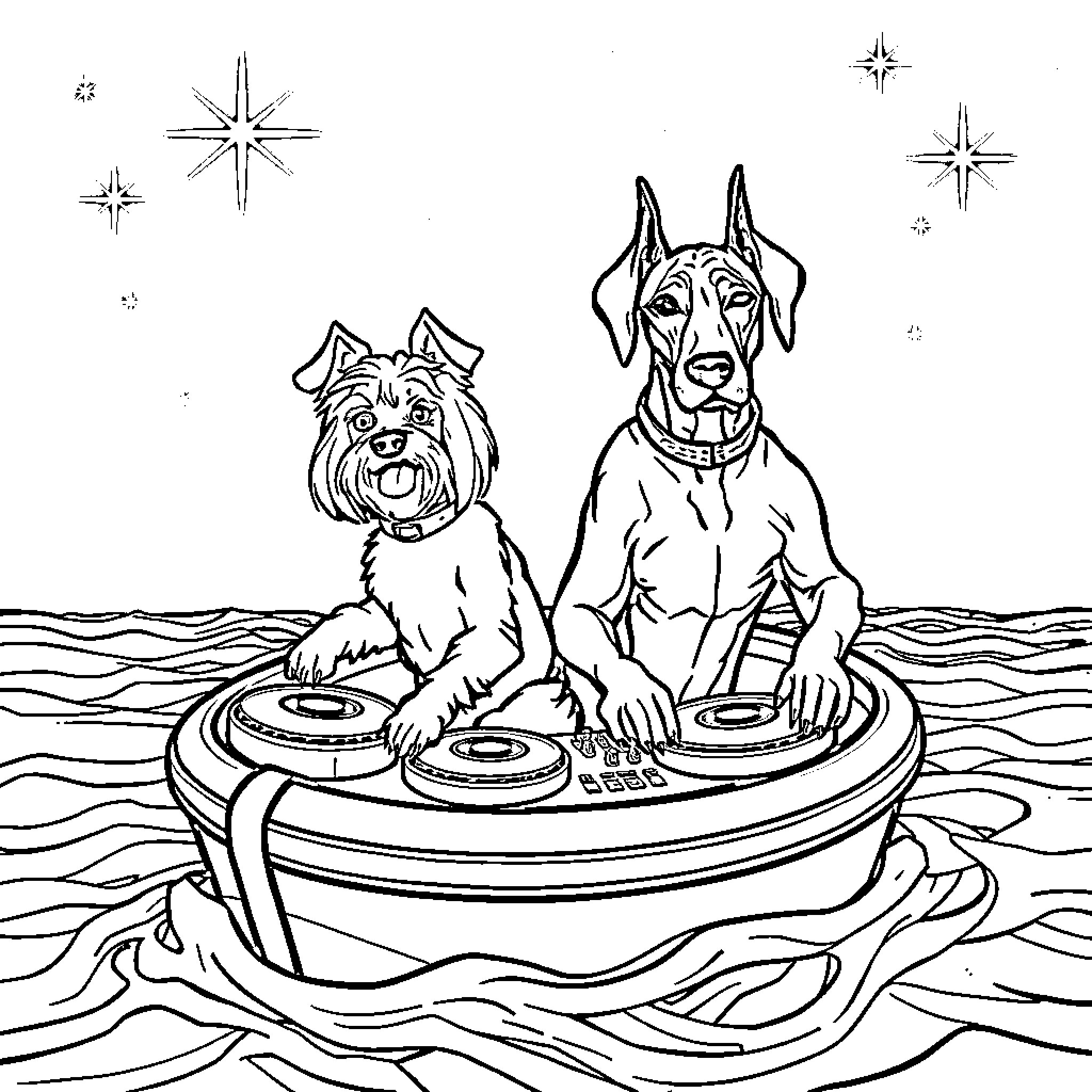 Dog DJs rocking the waves with stellar performance Coloring Page (free black-and-white line drawing printable PDF for all, from beginners to advanced learners, including children, teens, adults, and seniors)