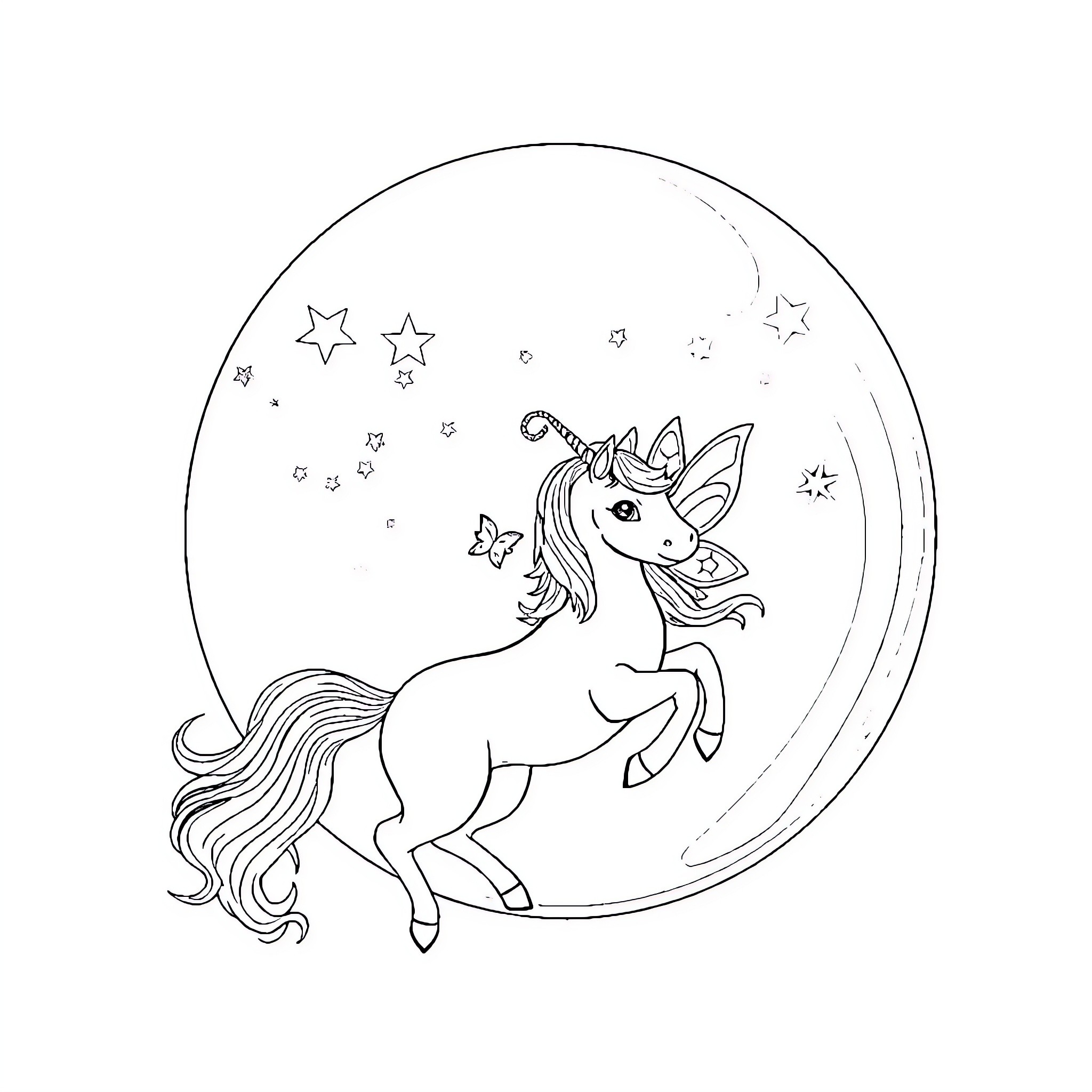 Unicorn dancing amidst sparkling stars Coloring Page (free black-and-white line drawing printable PDF for all, from beginners to advanced learners, including children, teens, adults, and seniors)