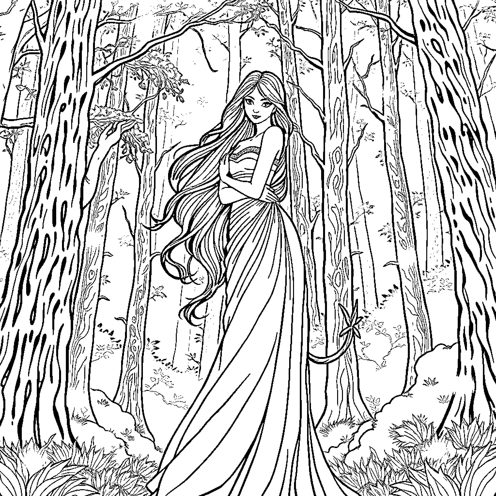 Arwen strolling gracefully through the enchanted forest Coloring Page (free black-and-white line drawing printable PDF for all, from beginners to advanced learners, including children, teens, adults, and seniors)