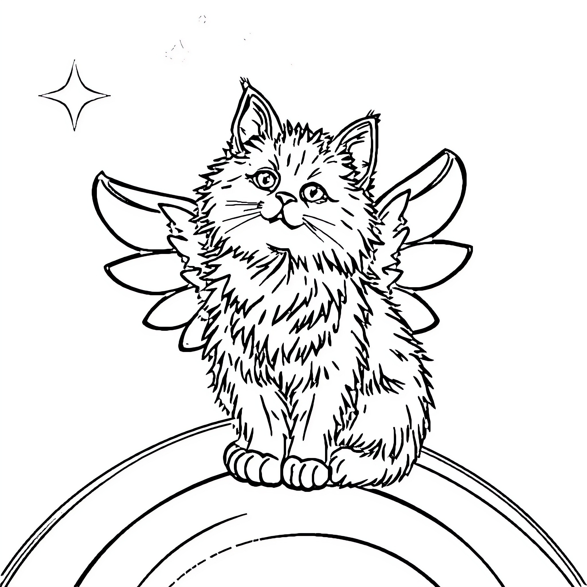 Cat sitting on a rainbow with wings Coloring Page (free black-and-white line drawing printable PDF for all, from beginners to advanced learners, including children, teens, adults, and seniors)
