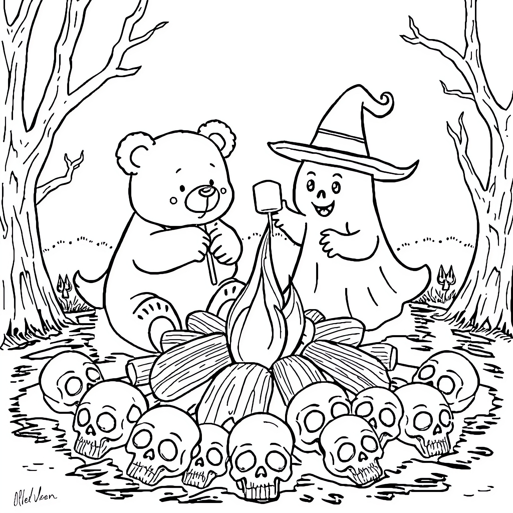 Bear and Ghost Enjoying a Campfire in the Woods Coloring Page (free black-and-white line drawing printable PDF for all, from beginners to advanced learners, including children, teens, adults, and seniors)