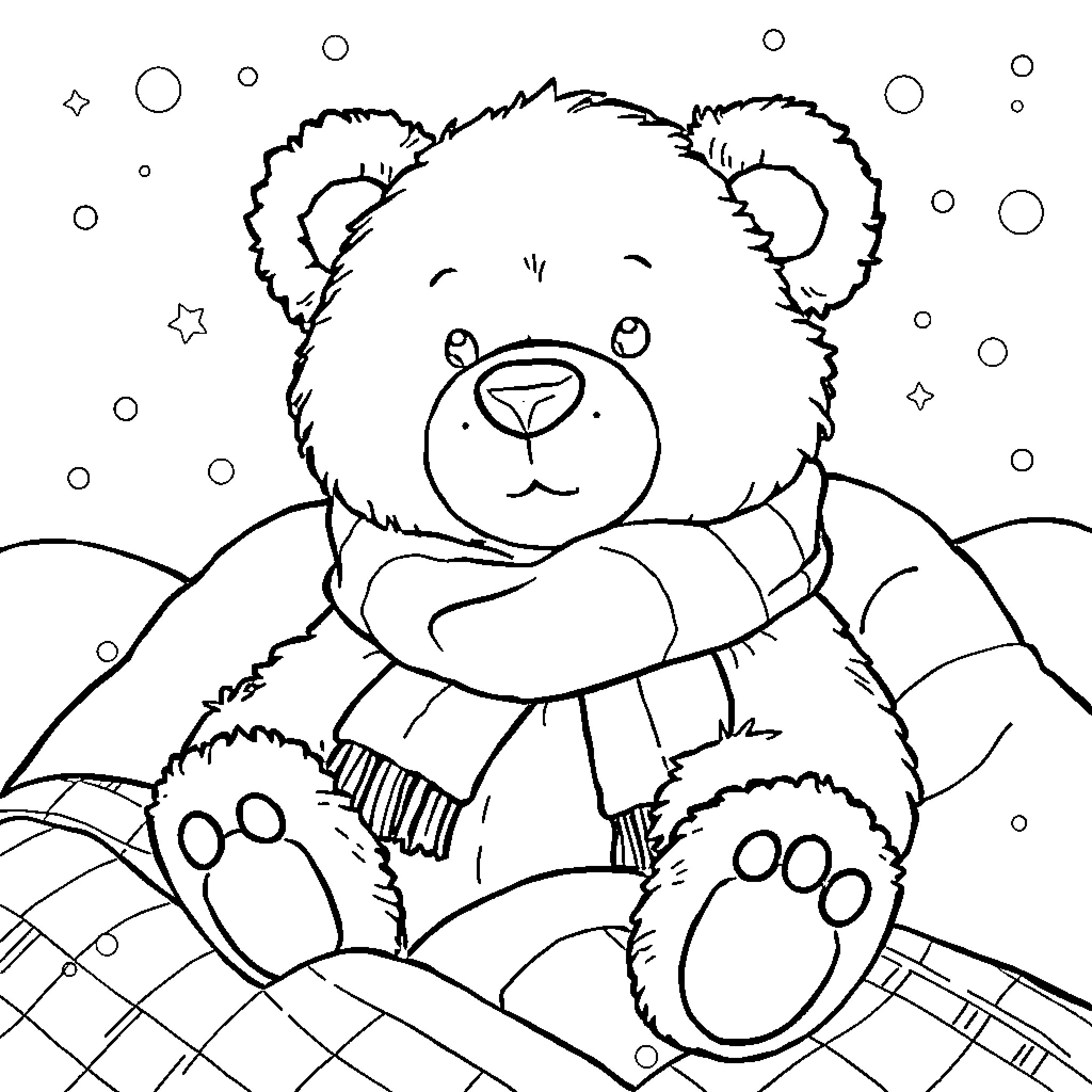 Teddy Bear enjoying a winter wonderland Coloring Page (free black-and-white line drawing printable PDF for all, from beginners to advanced learners, including children, teens, adults, and seniors)