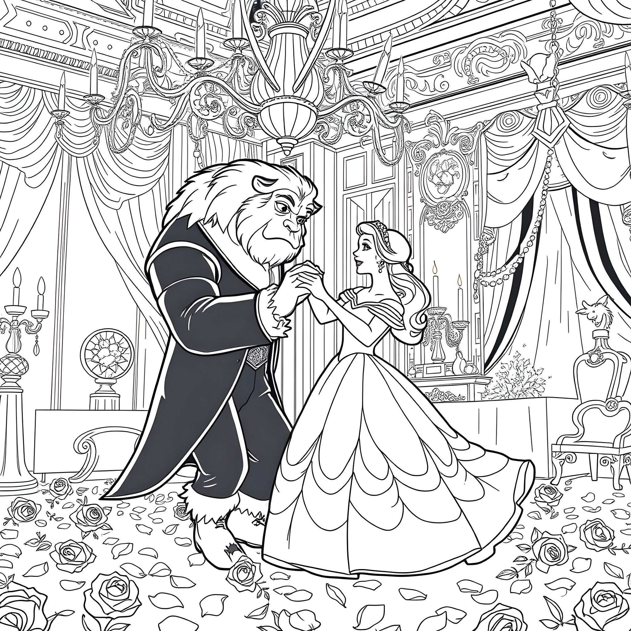Beauty And The Beast Ballroom Dance Coloring Page (free black-and-white line drawing printable PDF for all, from beginners to advanced learners, including children, teens, adults, and seniors)