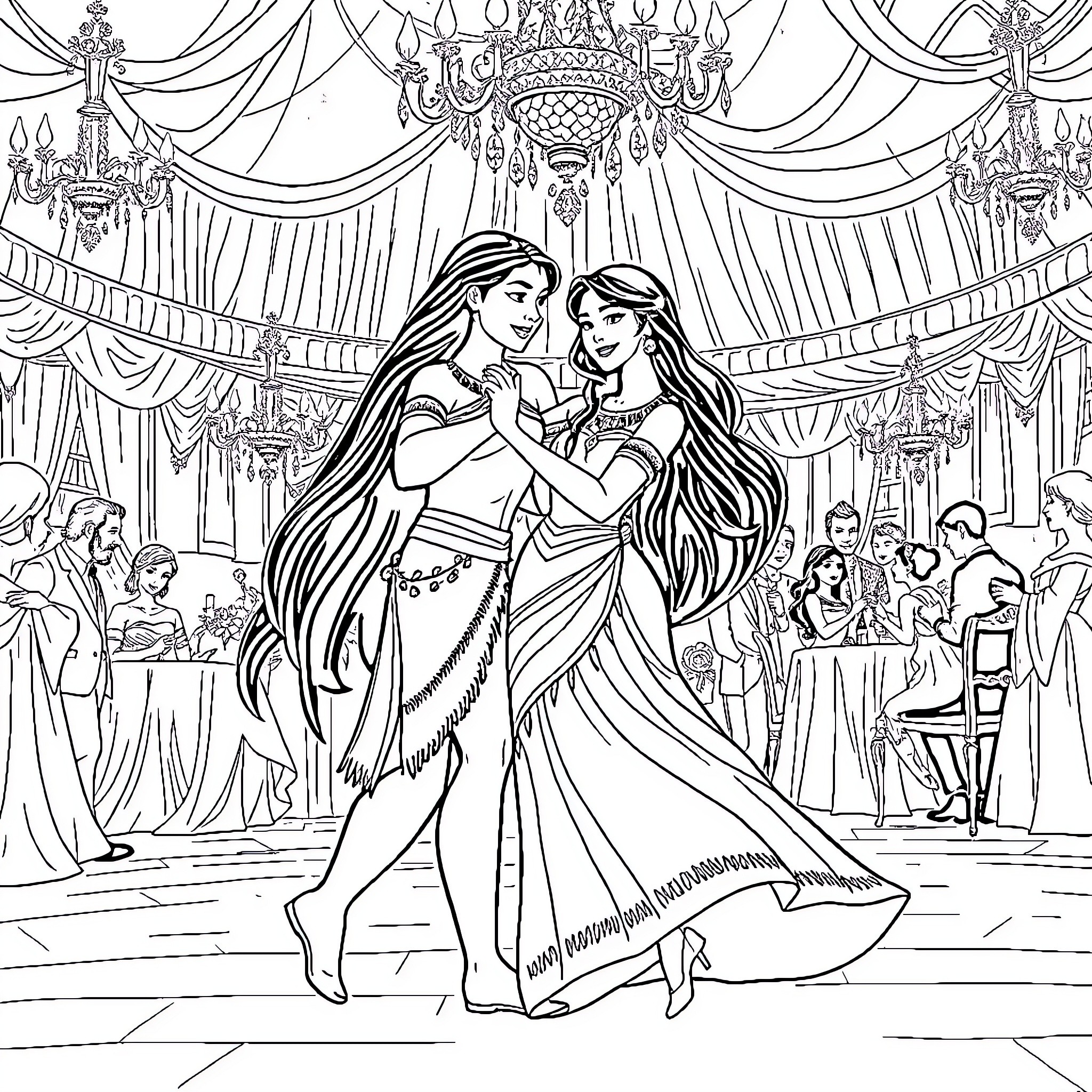Pocahontas and Jasmine sharing a magical dance Coloring Page (free black-and-white line drawing printable PDF for all, from beginners to advanced learners, including children, teens, adults, and seniors)