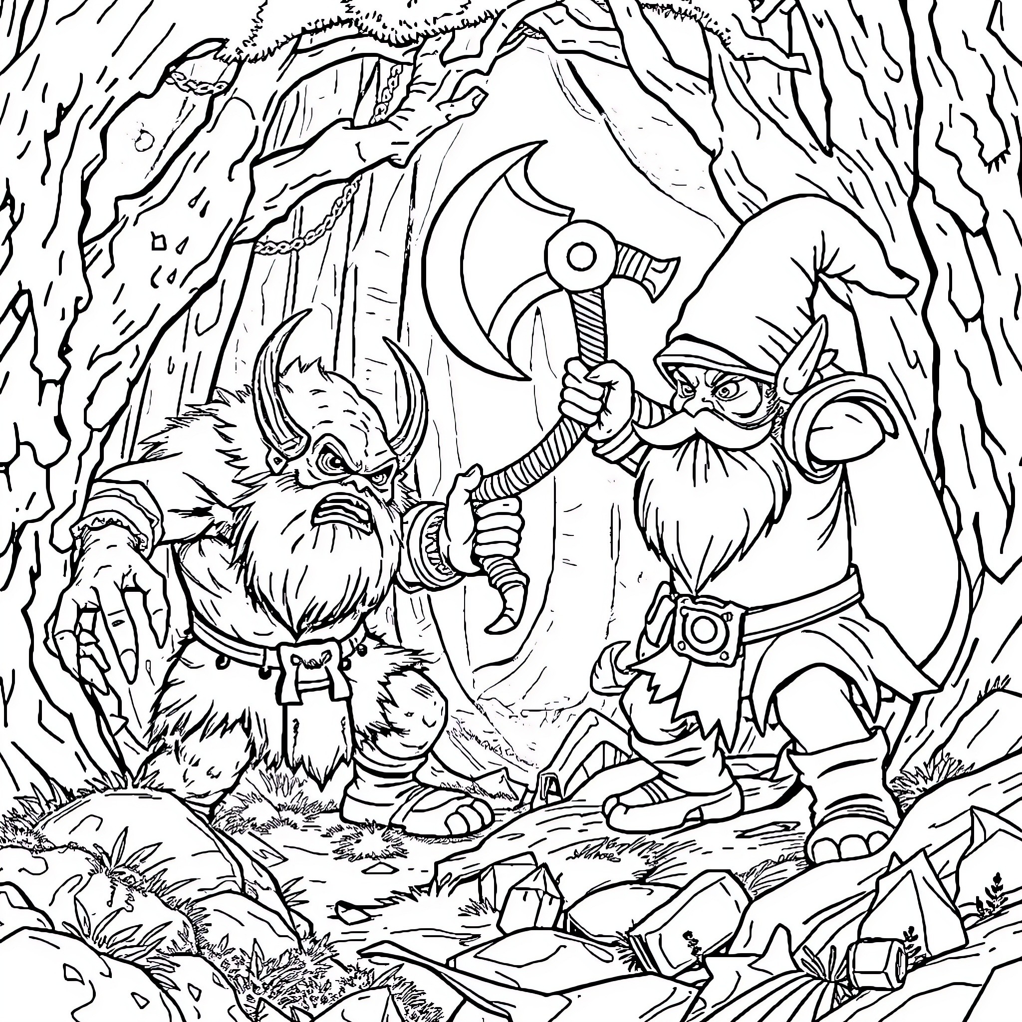 Dwarf warriors in a fantasy forest landscape Coloring Page (free black-and-white line drawing printable PDF for all, from beginners to advanced learners, including children, teens, adults, and seniors)