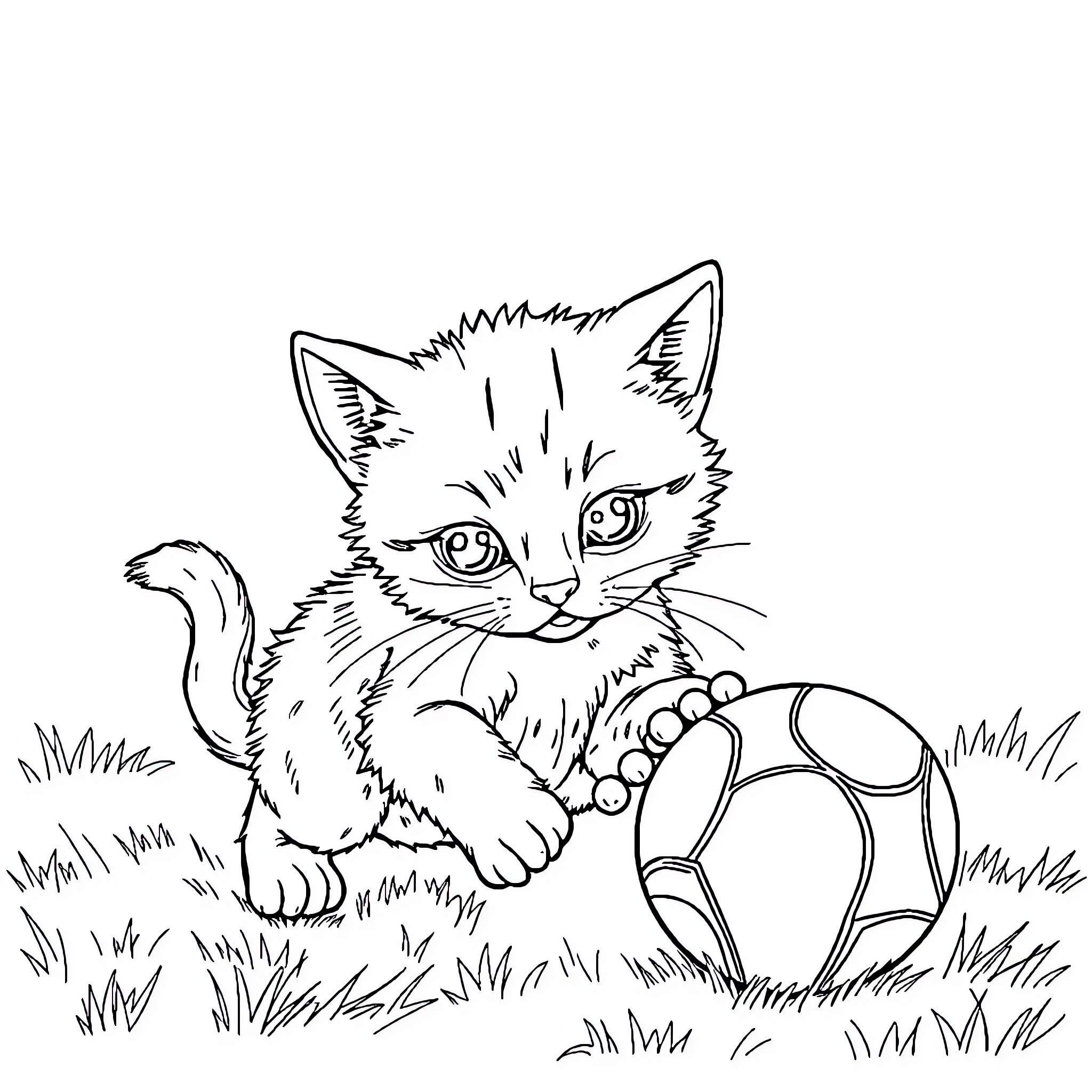 Kitten exploring a colorful ball in the grass Coloring Page (free black-and-white line drawing printable PDF for all, from beginners to advanced learners, including children, teens, adults, and seniors)