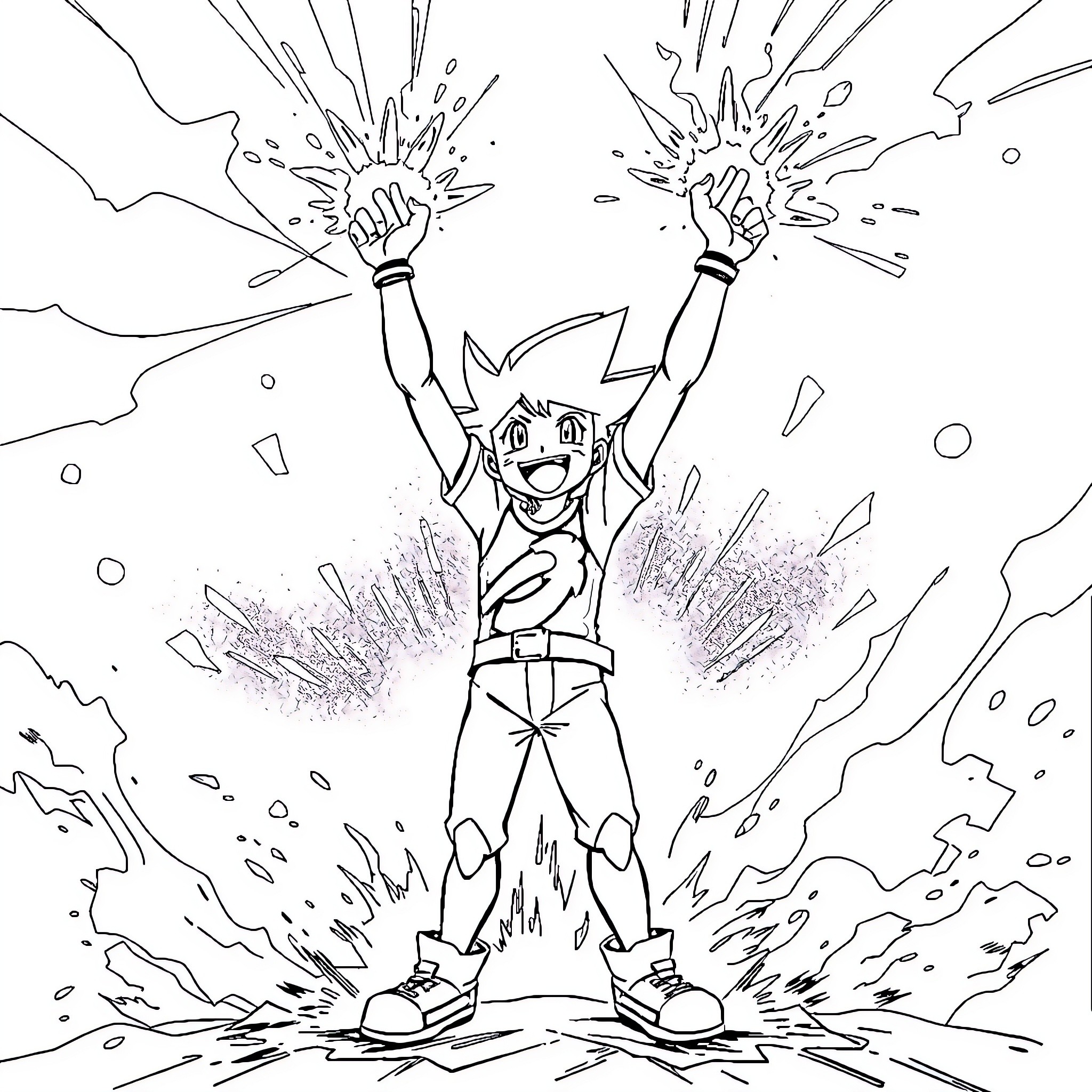 Ash's Triumphant Celebration in the Sparkling Aftermath Coloring Page (free black-and-white line drawing printable PDF for all, from beginners to advanced learners, including children, teens, adults, and seniors)