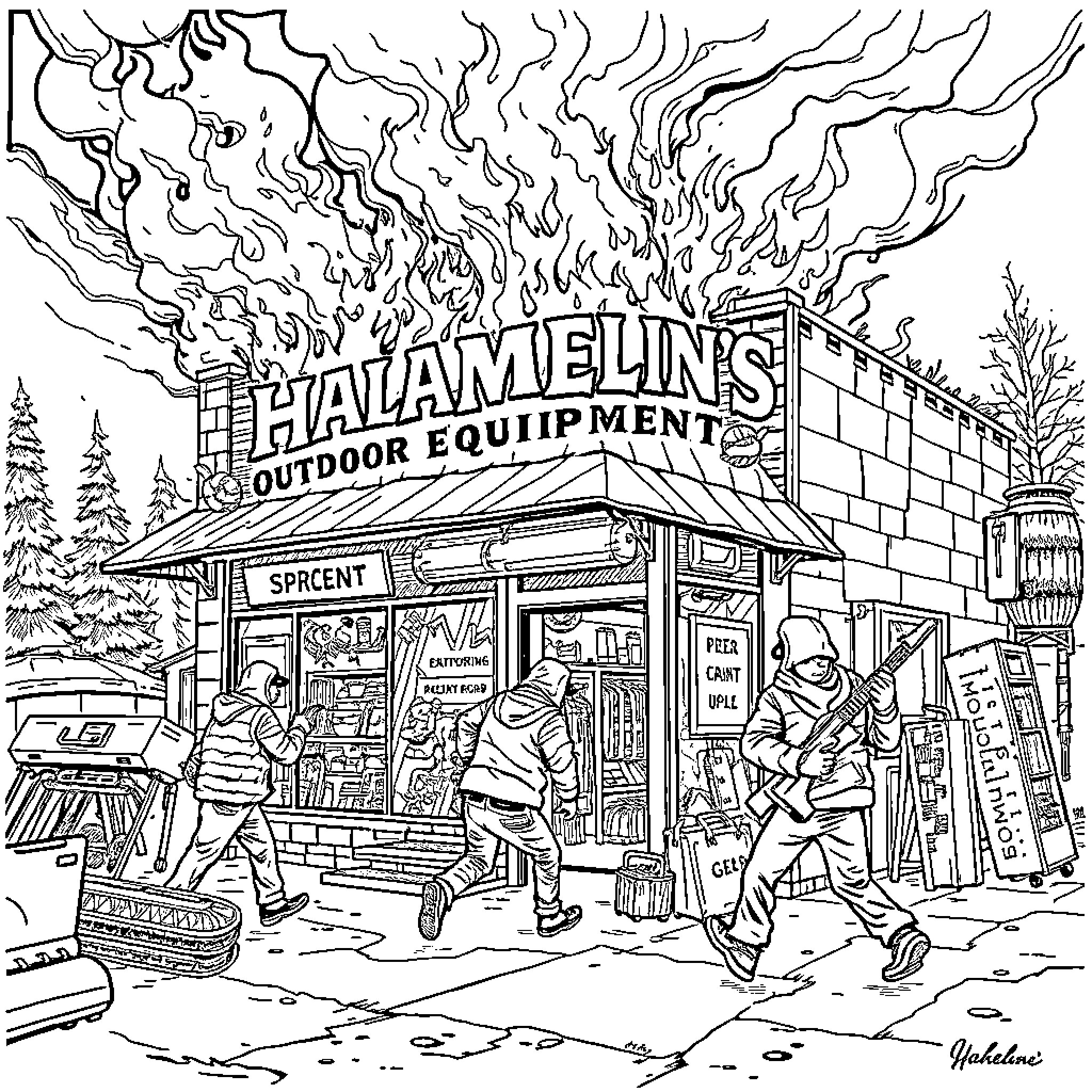 Building with Outdoor Equipment and Busy Activity Coloring Page (free black-and-white line drawing printable PDF for all, from beginners to advanced learners, including children, teens, adults, and seniors)