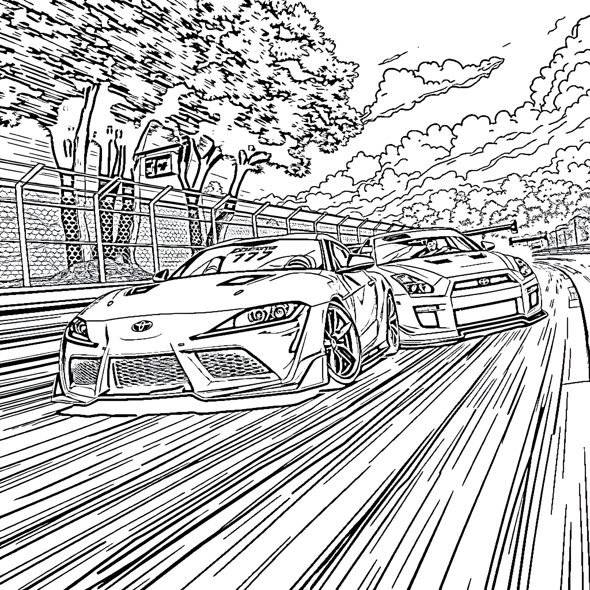 Car racing at high speed on winding road Coloring Page (free black-and-white line drawing printable PDF for all, from beginners to advanced learners, including children, teens, adults, and seniors)