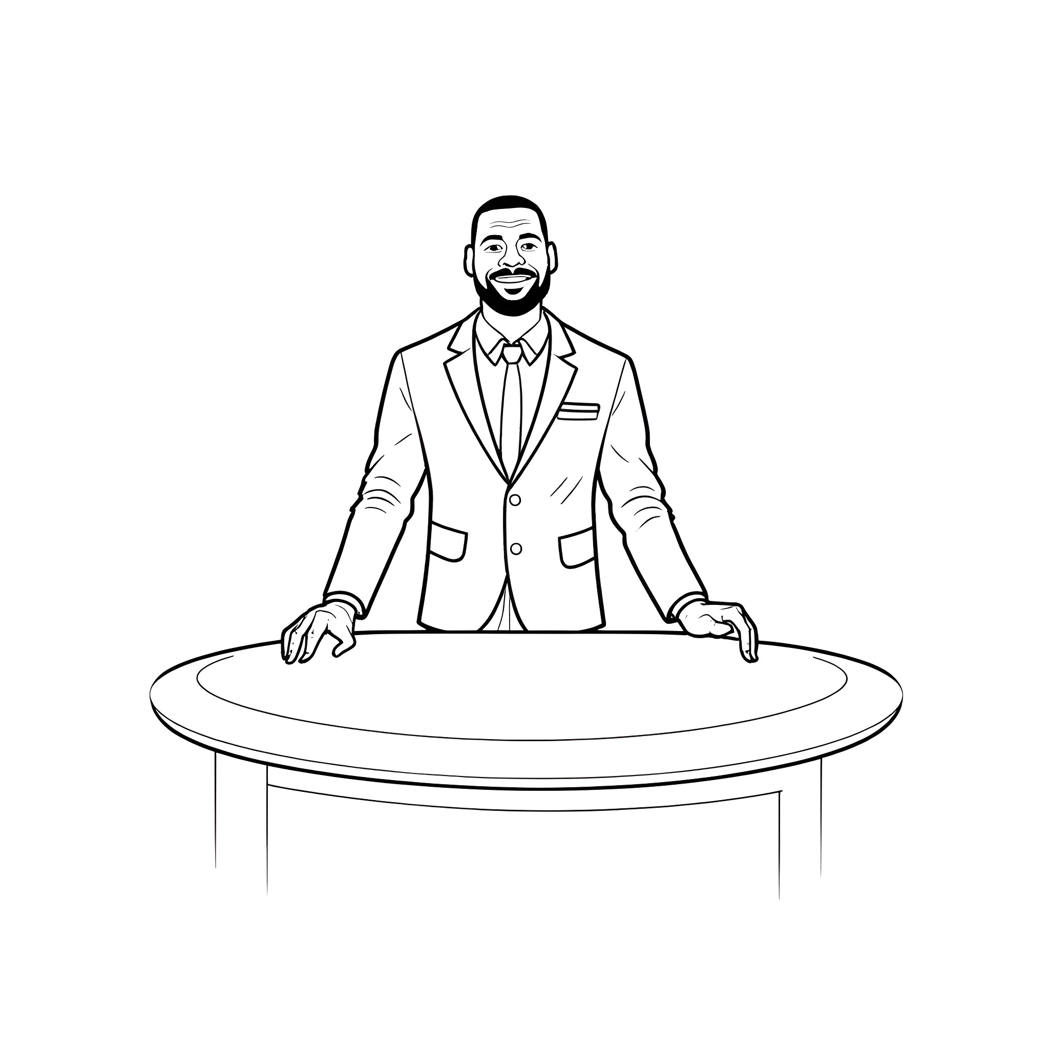 LeBron James standing behind a desk Coloring Page (free black-and-white line drawing printable PDF for all, from beginners to advanced learners, including children, teens, adults, and seniors)