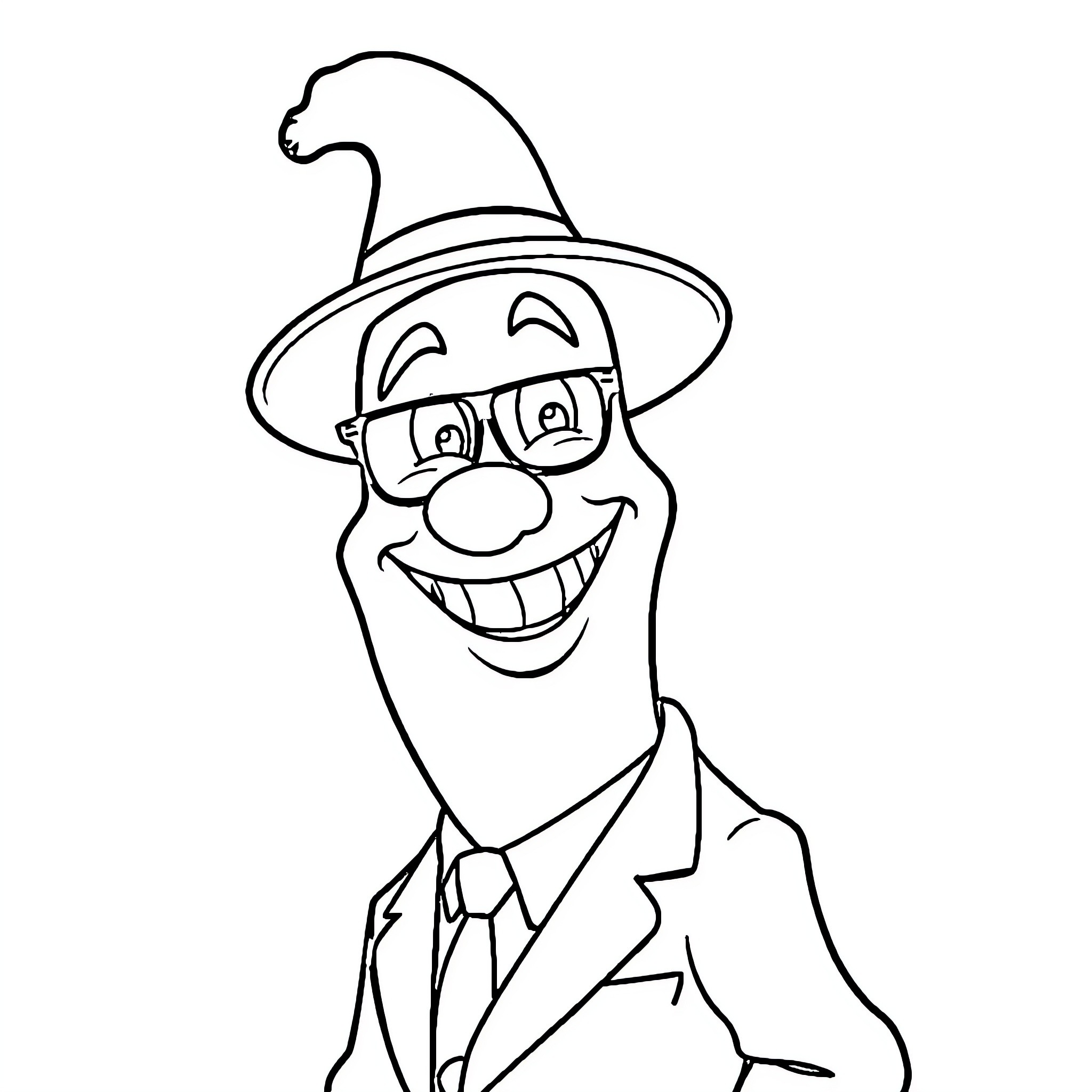 Banana wearing a silly hat and smiling Coloring Page (free black-and-white line drawing printable PDF for all, from beginners to advanced learners, including children, teens, adults, and seniors)