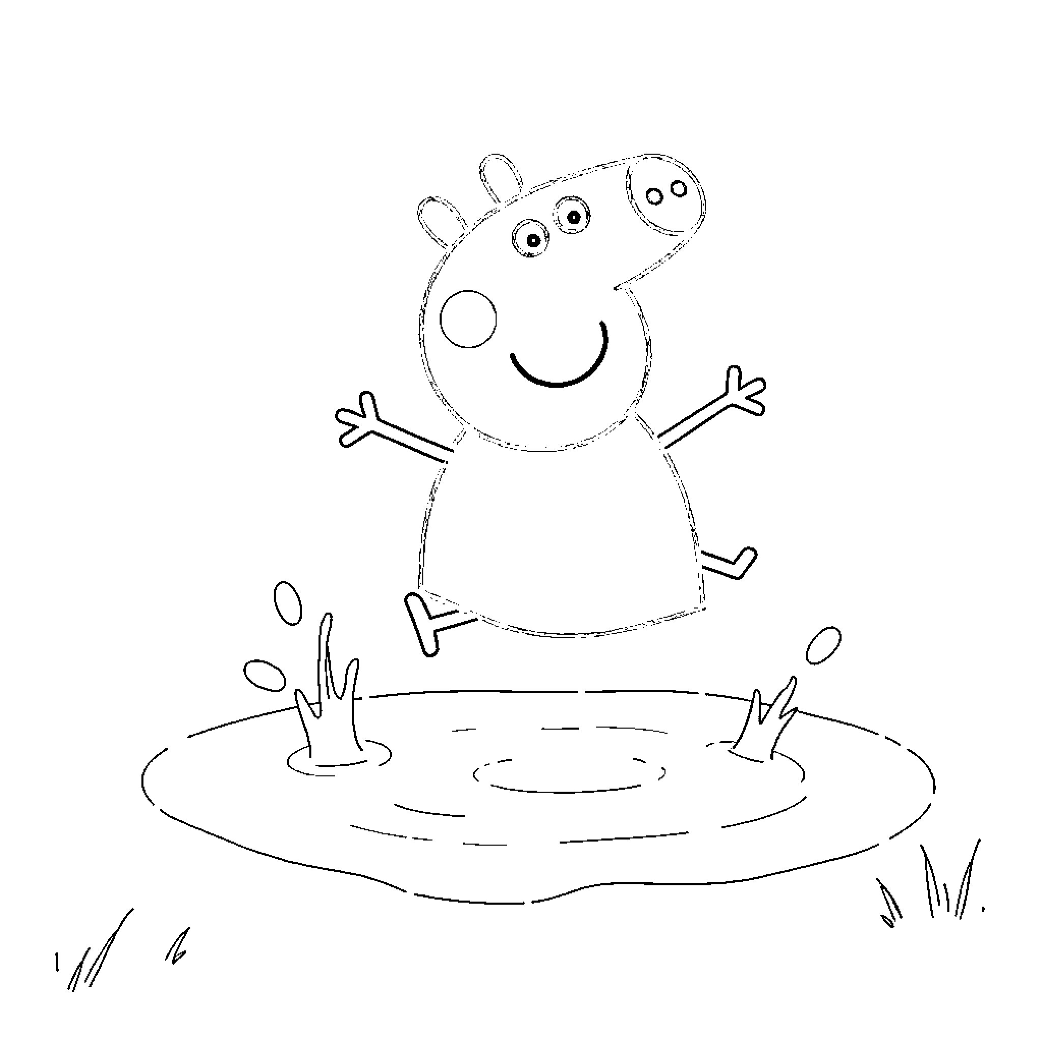 Peppa Pig jumping happily in a puddle Coloring Page (free black-and-white line drawing printable PDF for all, from beginners to advanced learners, including children, teens, adults, and seniors)