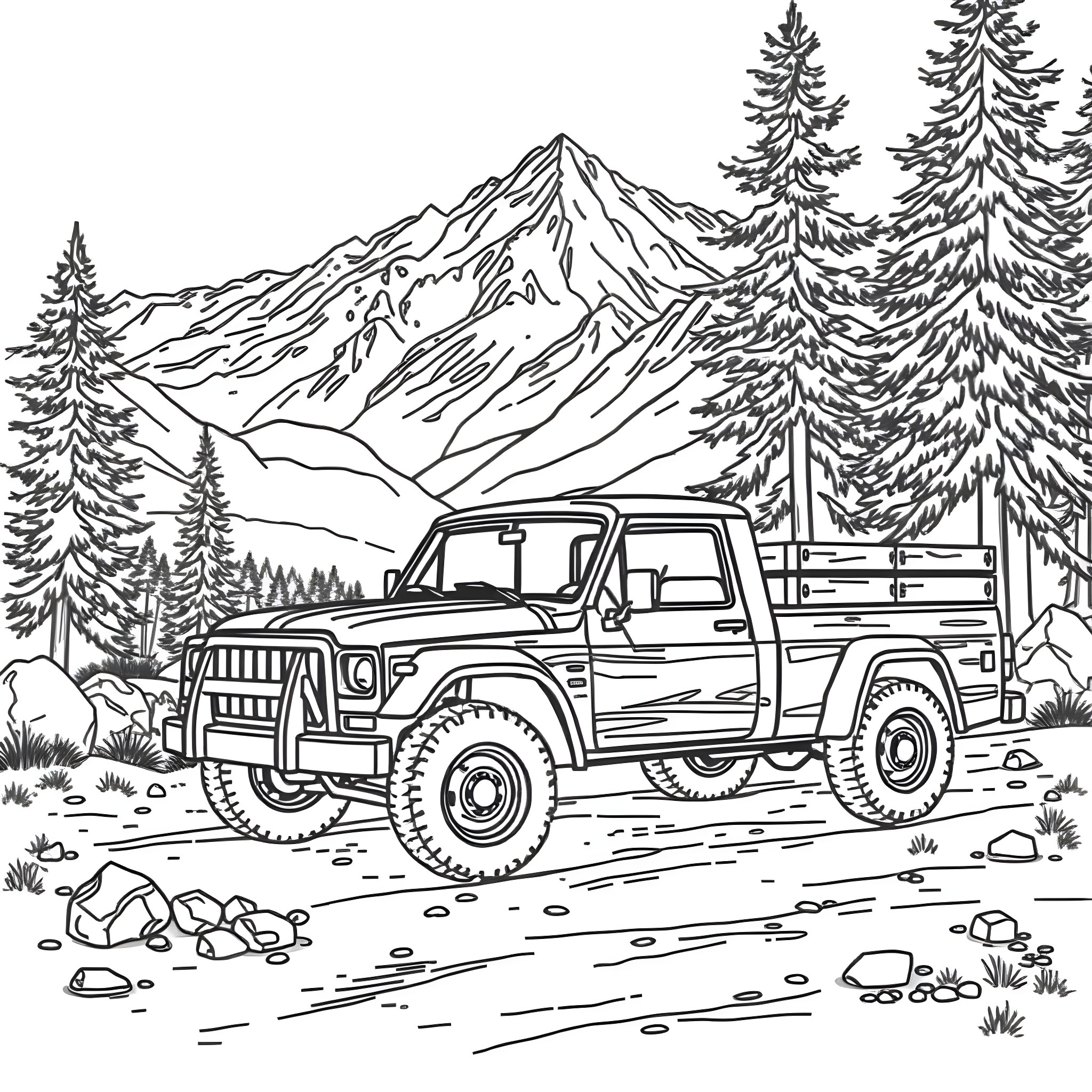 Pickup Truck driving through the mountain landscape Coloring Page (free black-and-white line drawing printable PDF for all, from beginners to advanced learners, including children, teens, adults, and seniors)