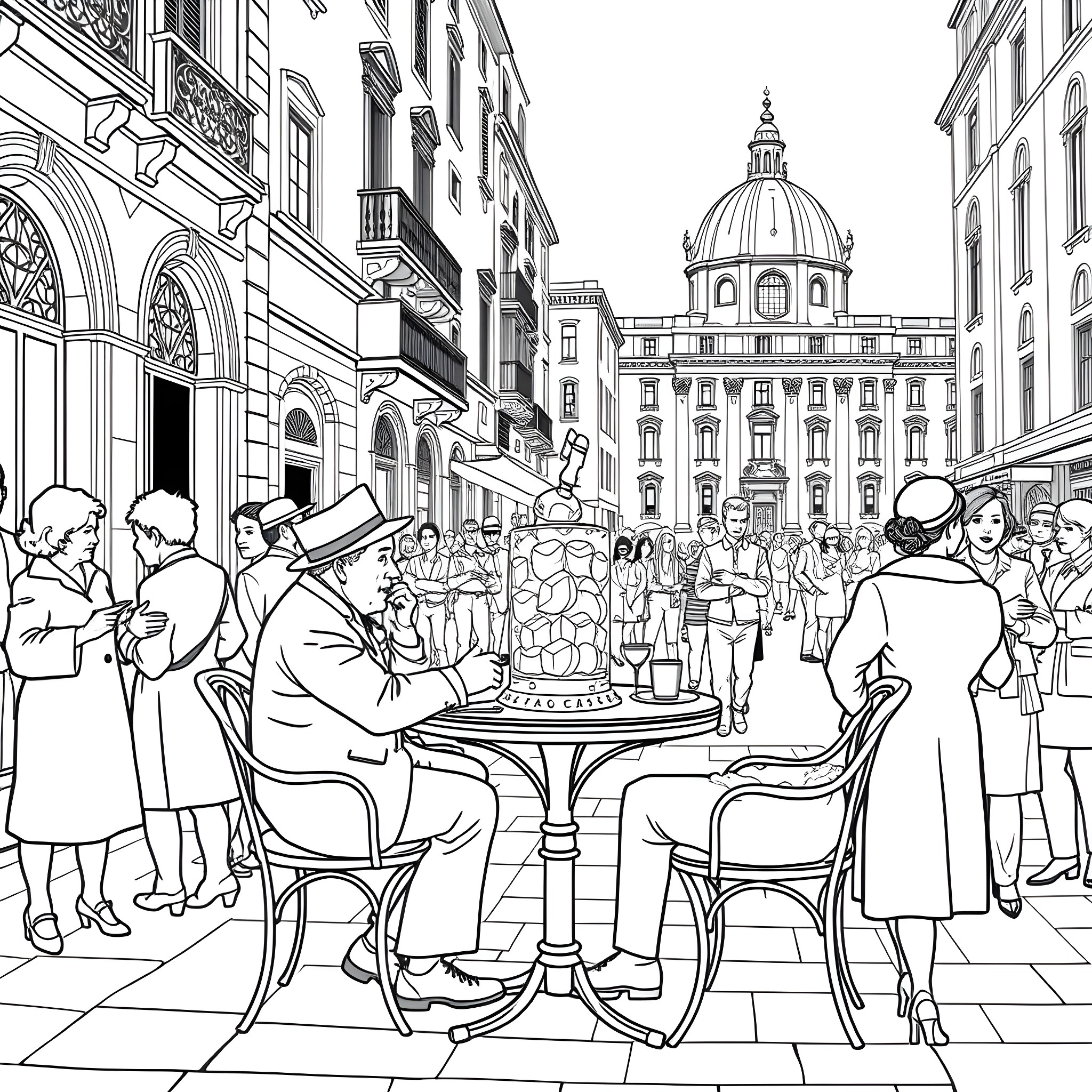 Duce's Bustling City Scene with Dome and Crowd Coloring Page (free black-and-white line drawing printable PDF for all, from beginners to advanced learners, including children, teens, adults, and seniors)