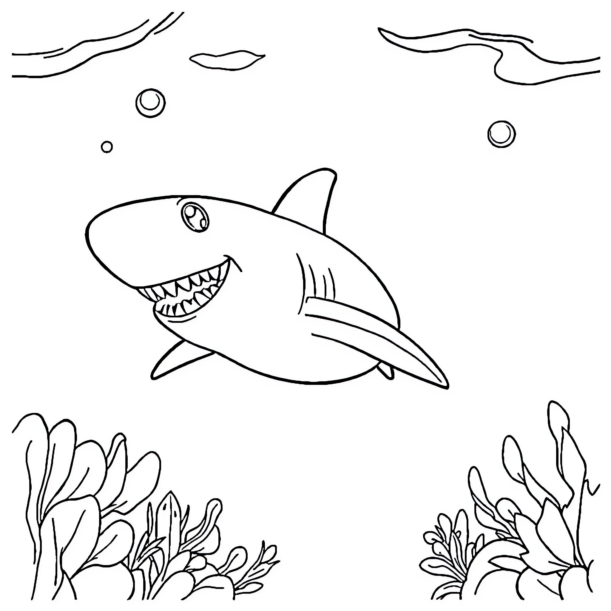 Shark swimming among marine plants Coloring Page (free black-and-white line drawing printable PDF for all, from beginners to advanced learners, including children, teens, adults, and seniors)