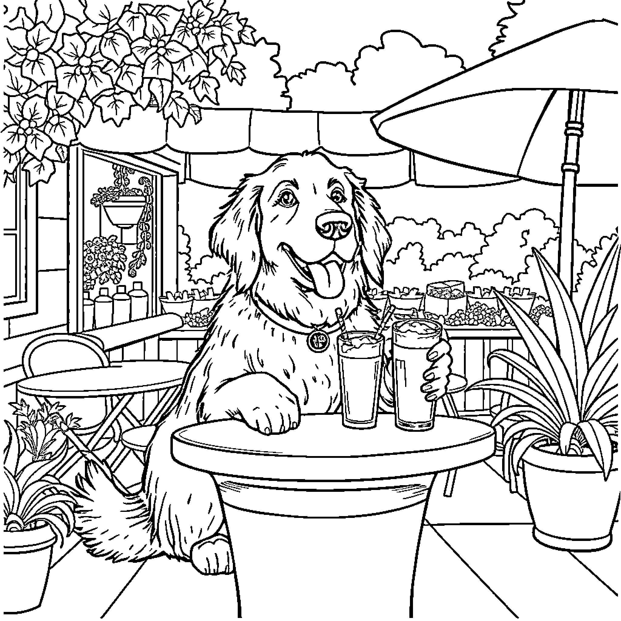 Golden Retriever relaxing on patio with drink Coloring Page (free black-and-white line drawing printable PDF for all, from beginners to advanced learners, including children, teens, adults, and seniors)