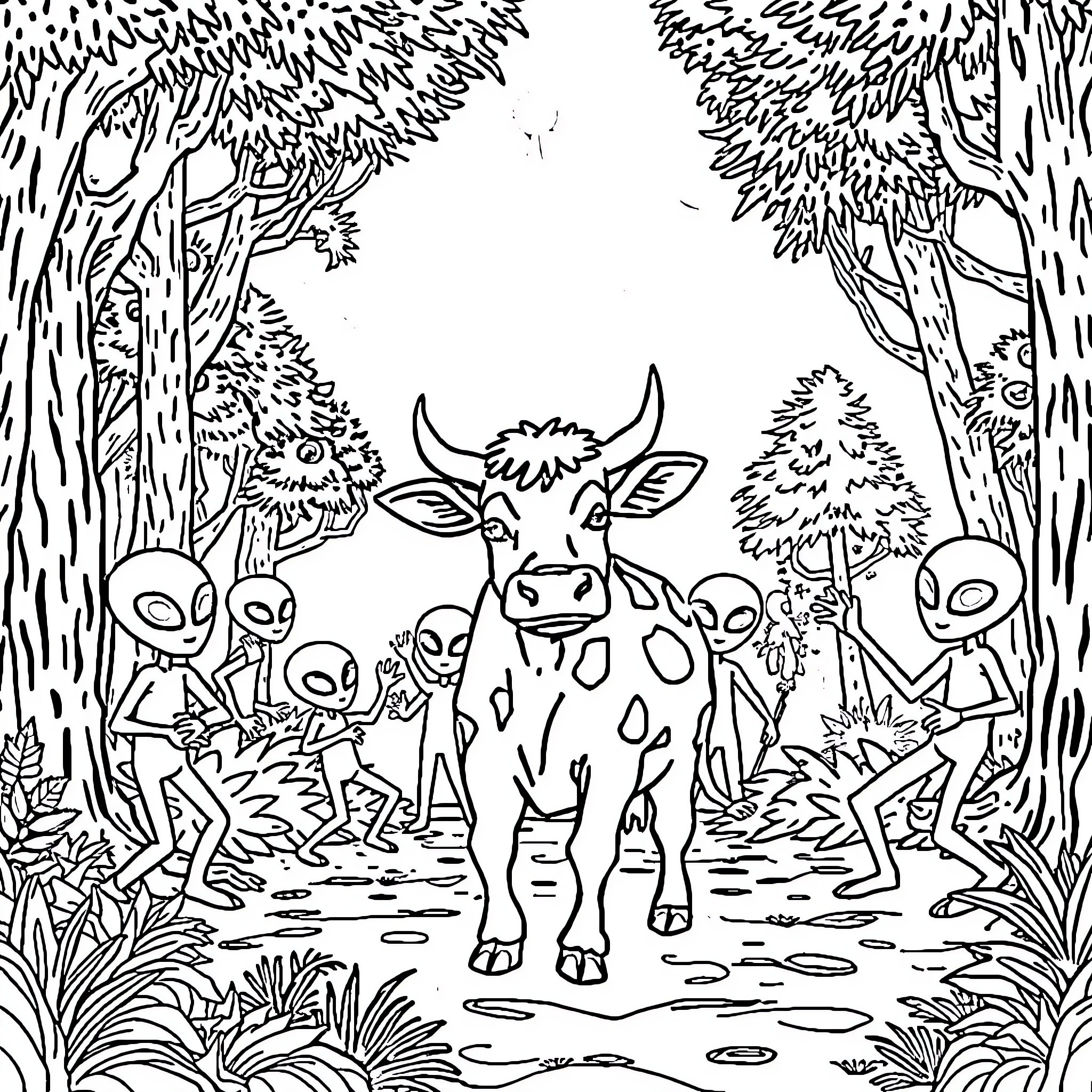 Alien herd of creatures in a forest scene Coloring Page (free black-and-white line drawing printable PDF for all, from beginners to advanced learners, including children, teens, adults, and seniors)