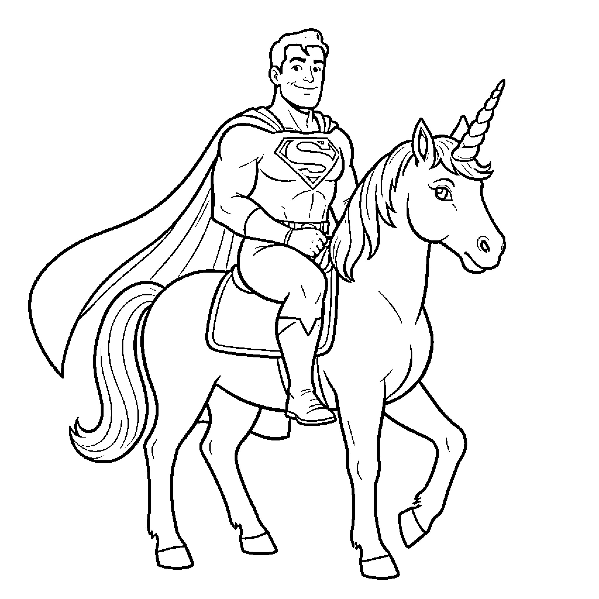 Superman riding a majestic unicorn with a confident expression Coloring Page (free black-and-white line drawing printable PDF for all, from beginners to advanced learners, including children, teens, adults, and seniors)