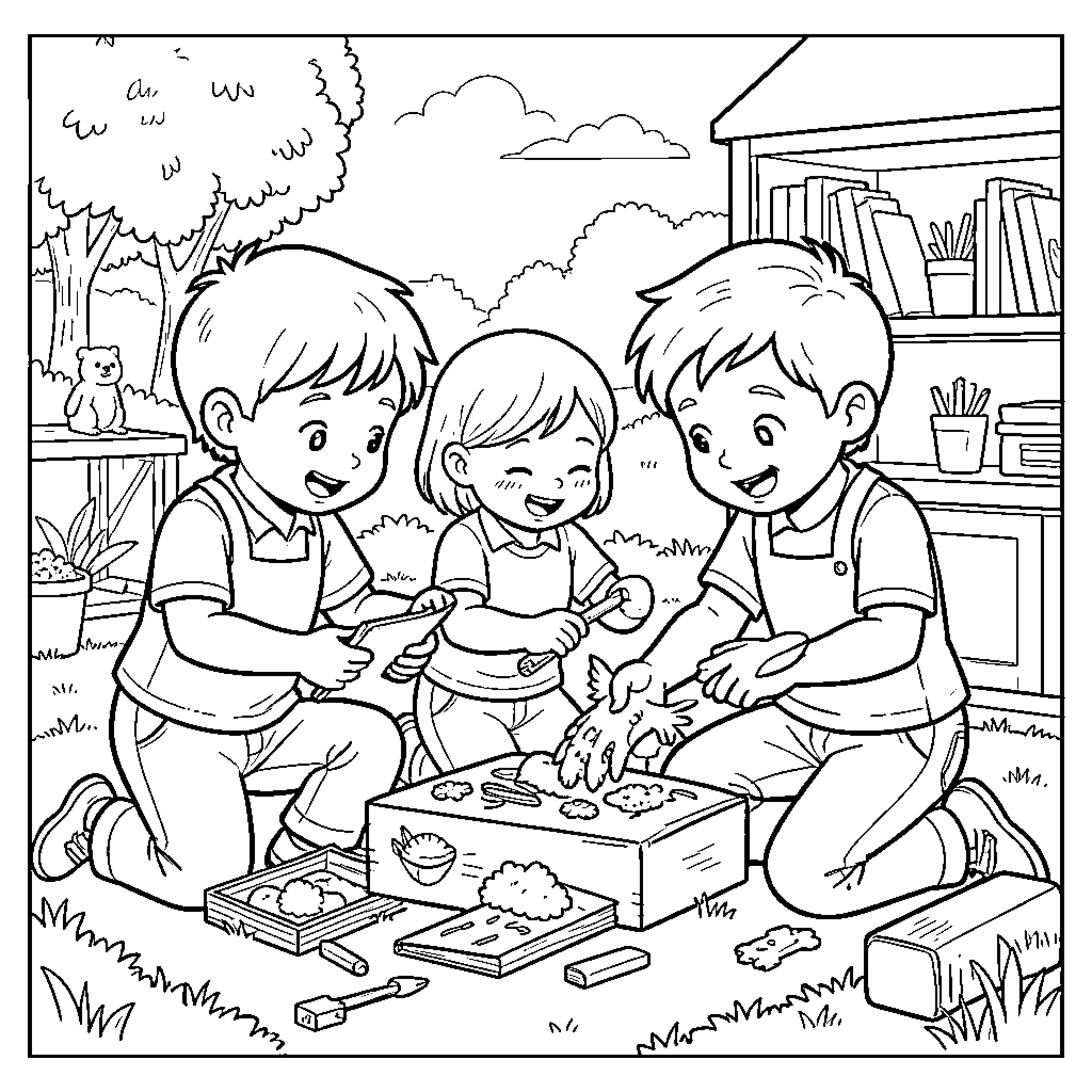 Kid Playing Together Happily in Backyard Coloring Page (free black-and-white line drawing printable PDF for all, from beginners to advanced learners, including children, teens, adults, and seniors)