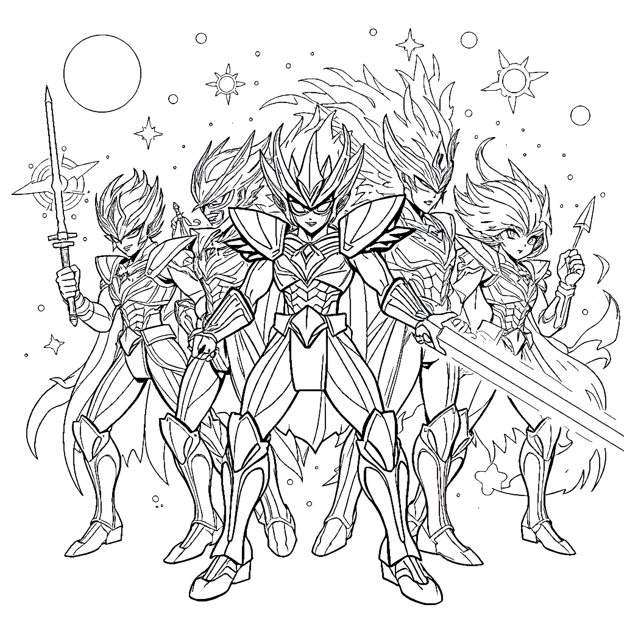 Caballeros del Zodiaco in Heroic Poses Coloring Page (free black-and-white line drawing printable PDF for all, from beginners to advanced learners, including children, teens, adults, and seniors)