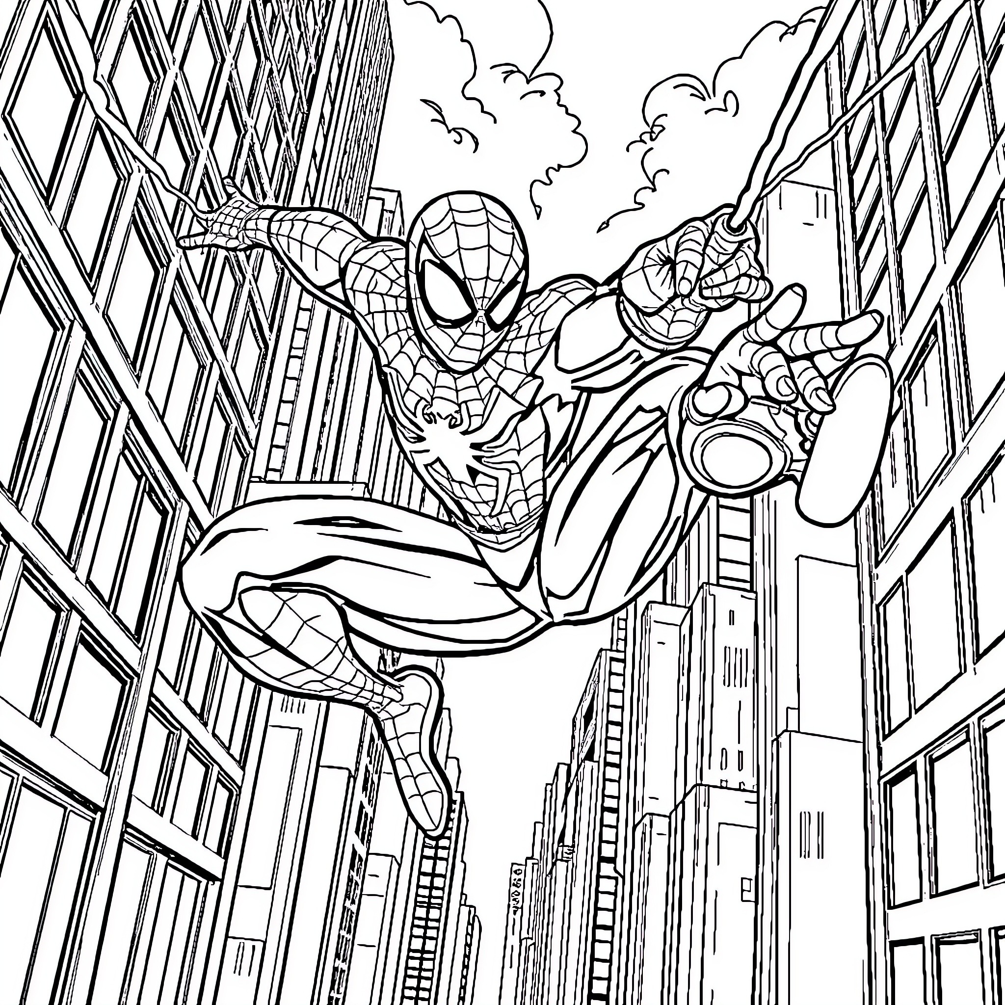 Spider-Man swinging through the city skyline Coloring Page (free black-and-white line drawing printable PDF for all, from beginners to advanced learners, including children, teens, adults, and seniors)