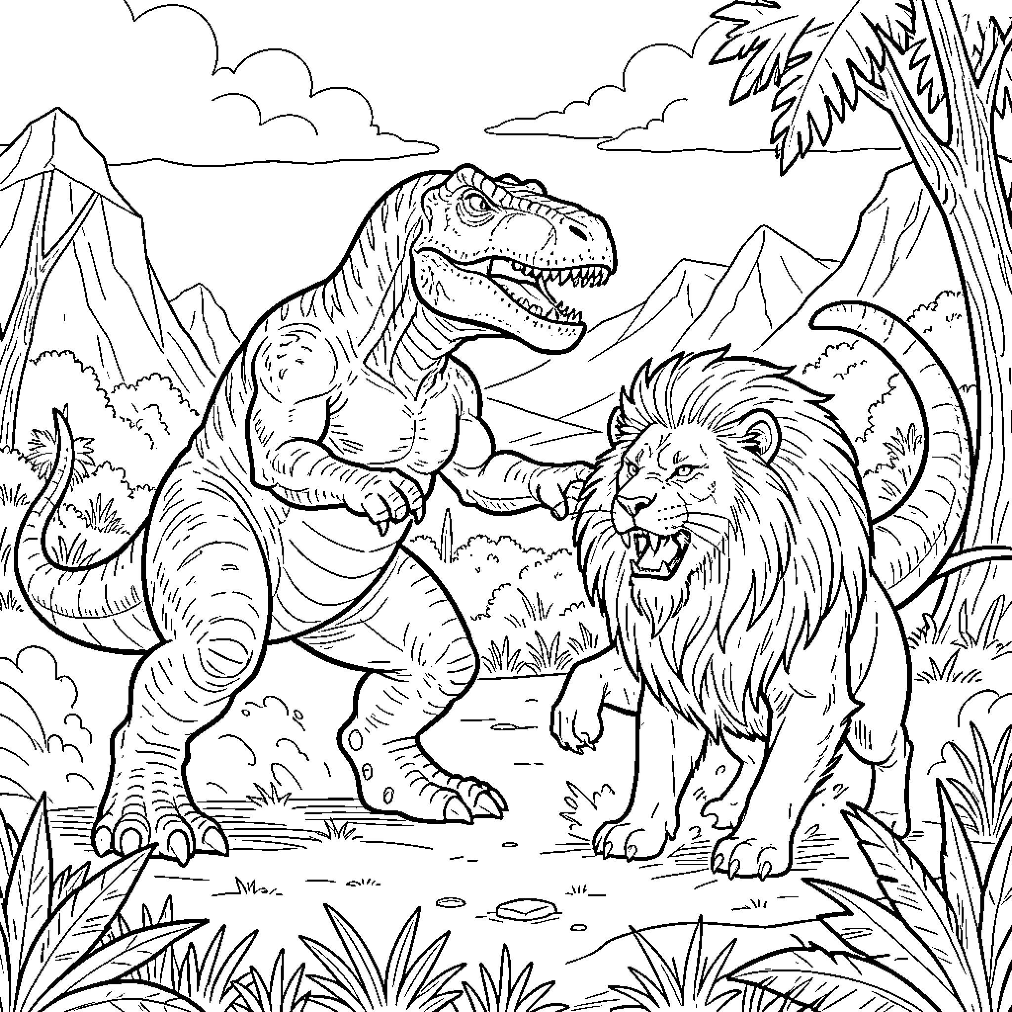 Dinosaur confronting a roaring lion in a jungle Coloring Page (free black-and-white line drawing printable PDF for all, from beginners to advanced learners, including children, teens, adults, and seniors)