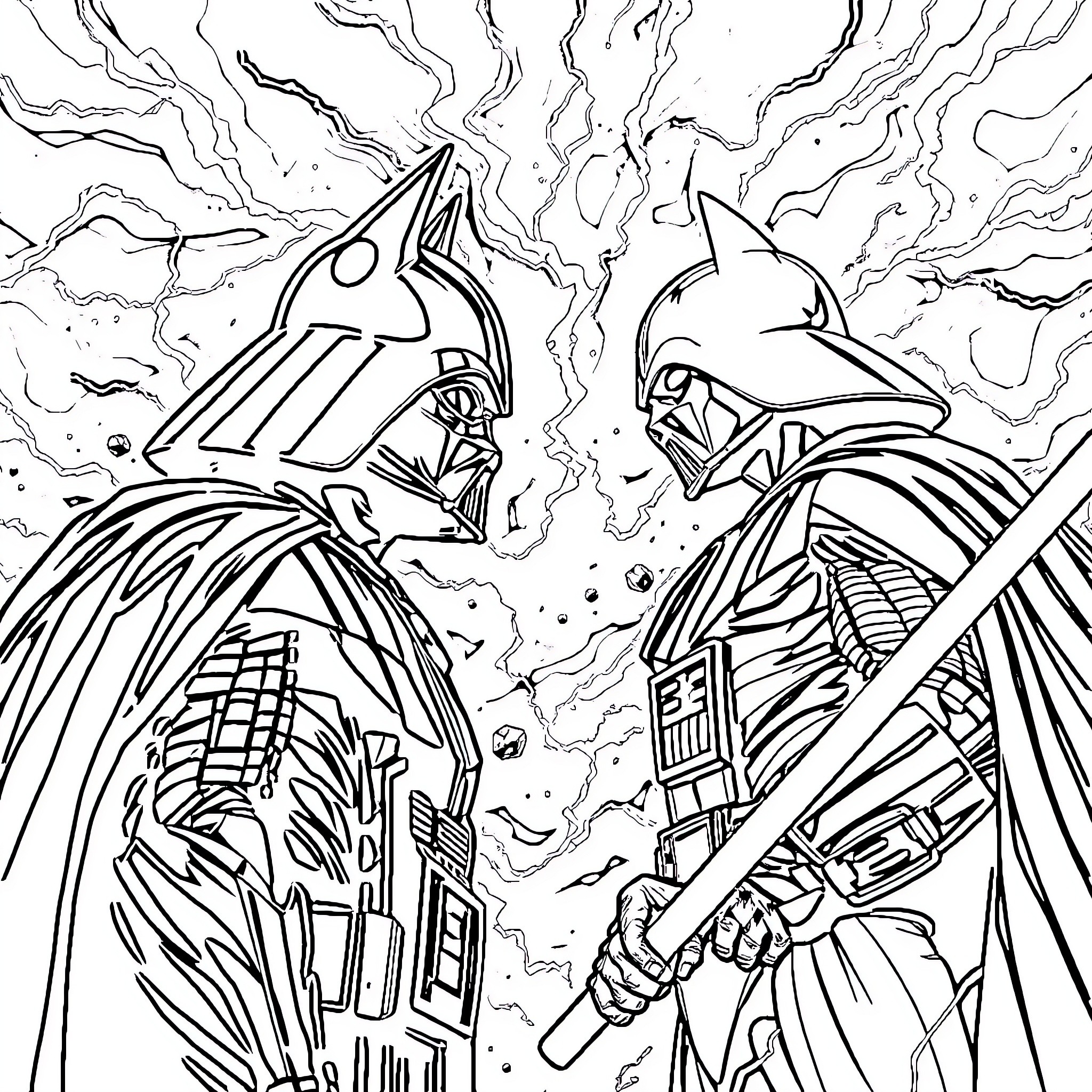 Batman Confronting Nemesis in Intense Showdown Coloring Page (free black-and-white line drawing printable PDF for all, from beginners to advanced learners, including children, teens, adults, and seniors)