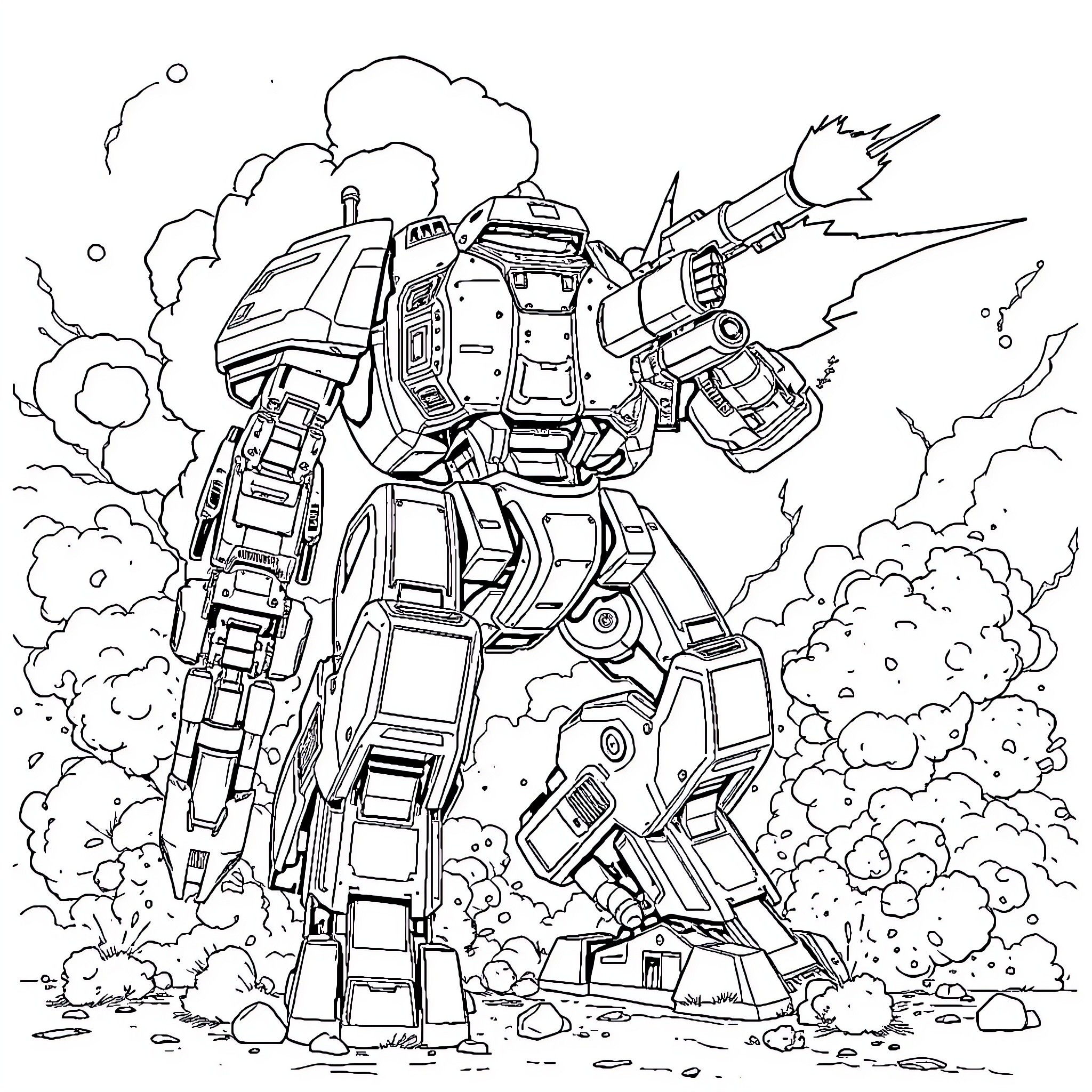 Timberwolf mech unleashing firepower on the battlefield Coloring Page (free black-and-white line drawing printable PDF for all, from beginners to advanced learners, including children, teens, adults, and seniors)