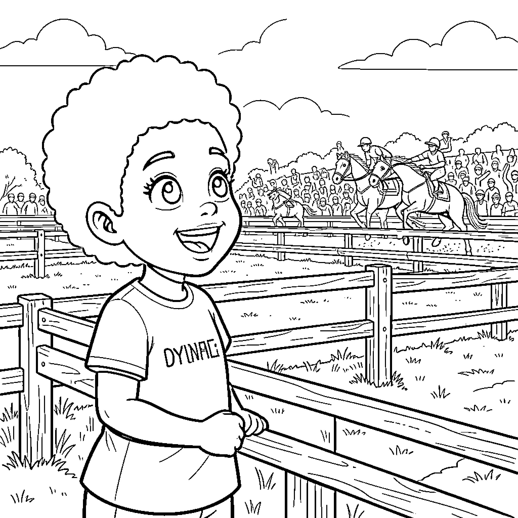 Girl enjoying the horse race at the stadium Coloring Page (free black-and-white line drawing printable PDF for all, from beginners to advanced learners, including children, teens, adults, and seniors)