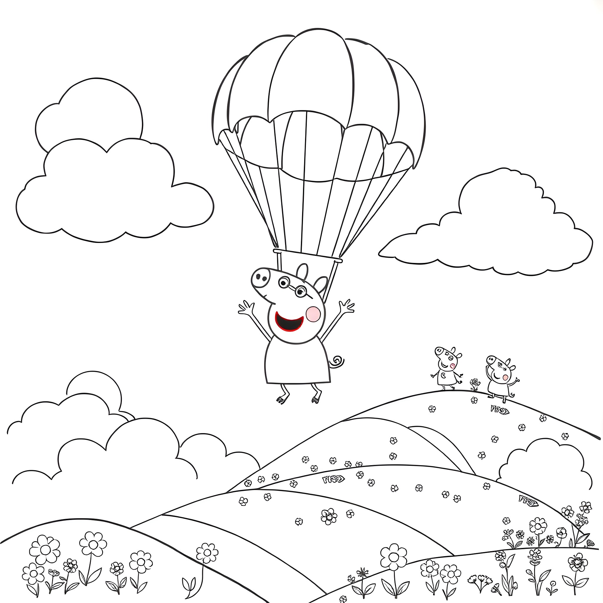 Peppa Pig having fun with parachute in the clouds Coloring Page (free black-and-white line drawing printable PDF for all, from beginners to advanced learners, including children, teens, adults, and seniors)
