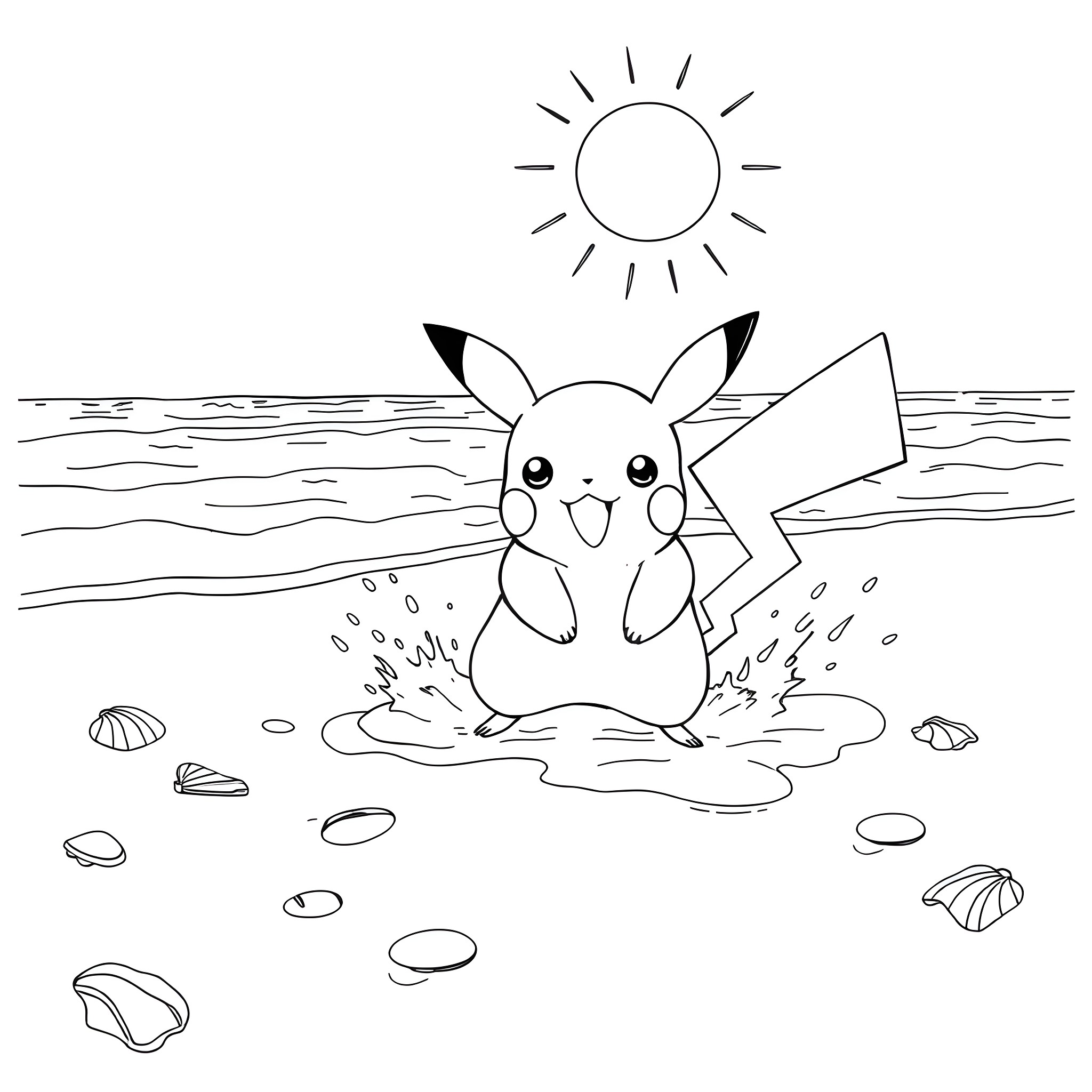 Pikachu playing happily on the beach Coloring Page (free black-and-white line drawing printable PDF for all, from beginners to advanced learners, including children, teens, adults, and seniors)