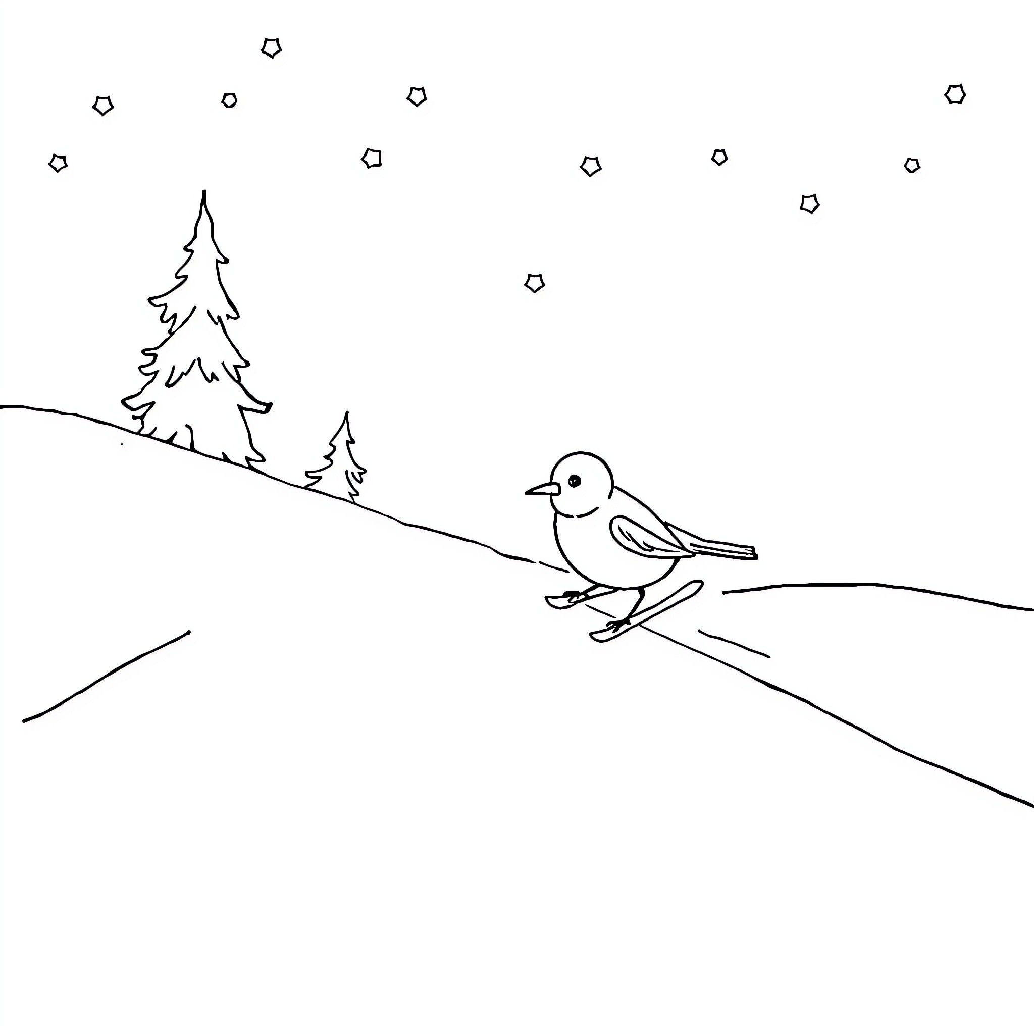 Bird walking in winter landscape Coloring Page (free black-and-white line drawing printable PDF for all, from beginners to advanced learners, including children, teens, adults, and seniors)