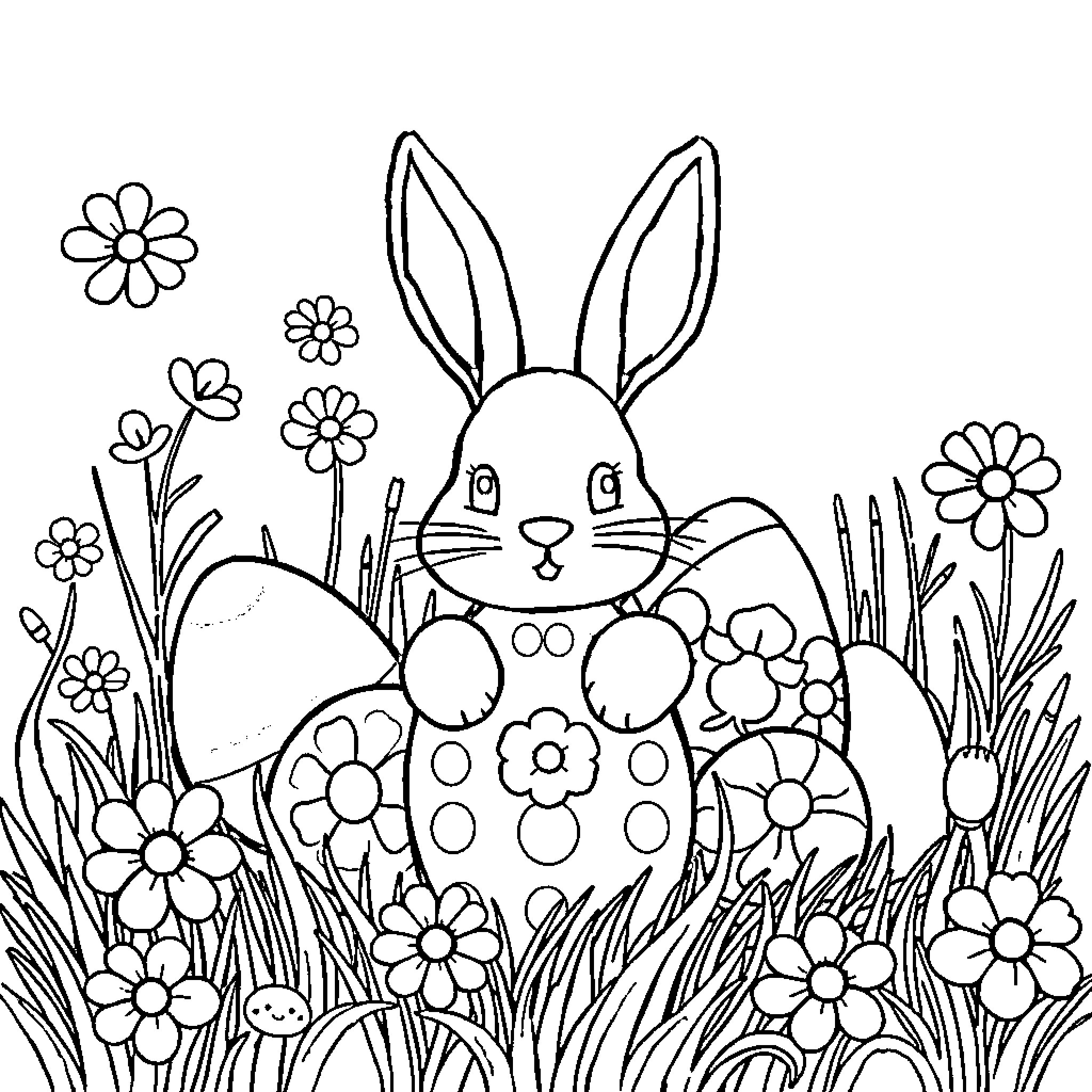 Easter Bunny Surrounded by Blooming Flowers Coloring Page (free black-and-white line drawing printable PDF for all, from beginners to advanced learners, including children, teens, adults, and seniors)