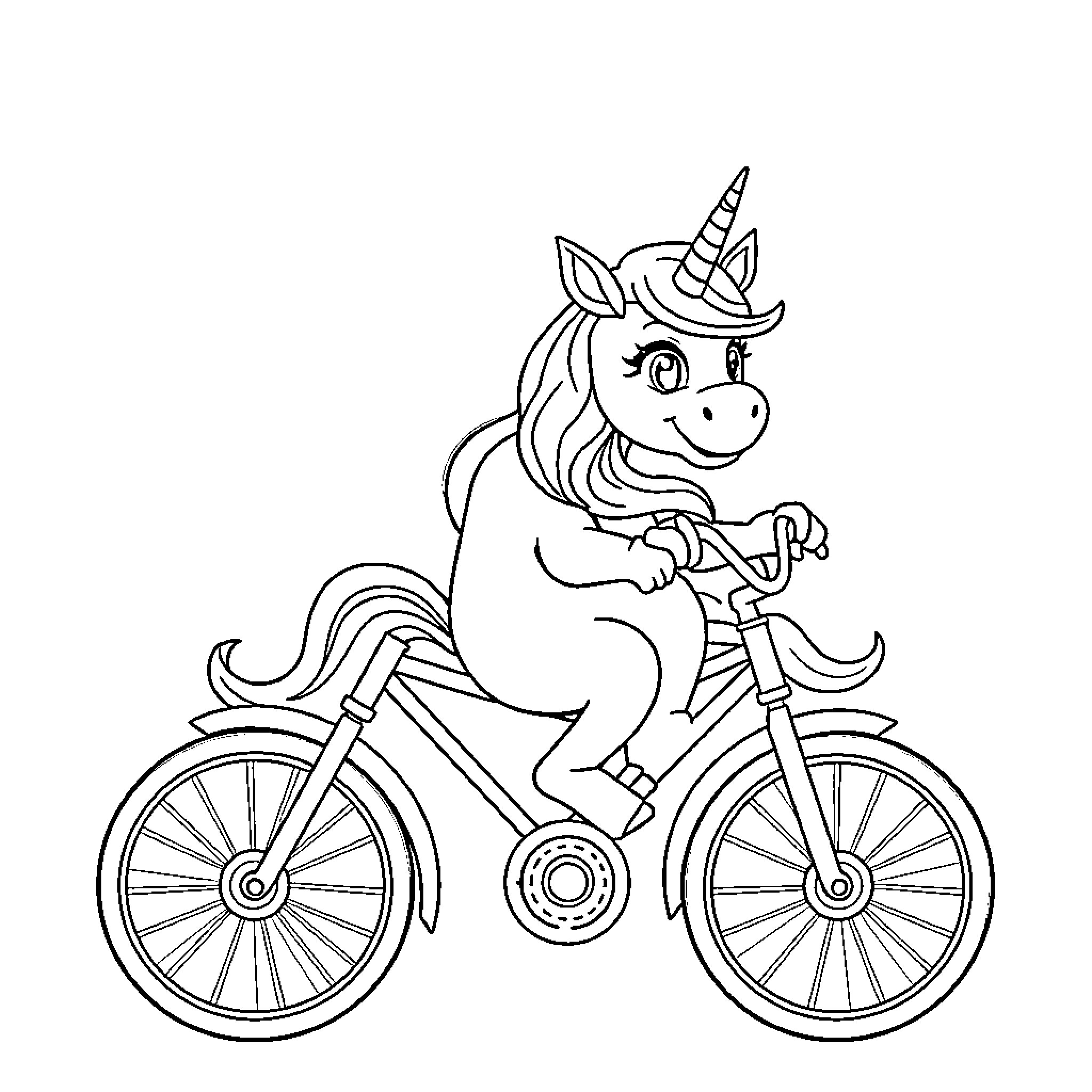 Unicorn Riding a Bicycle with Enthusiasm Coloring Page (free black-and-white line drawing printable PDF for all, from beginners to advanced learners, including children, teens, adults, and seniors)