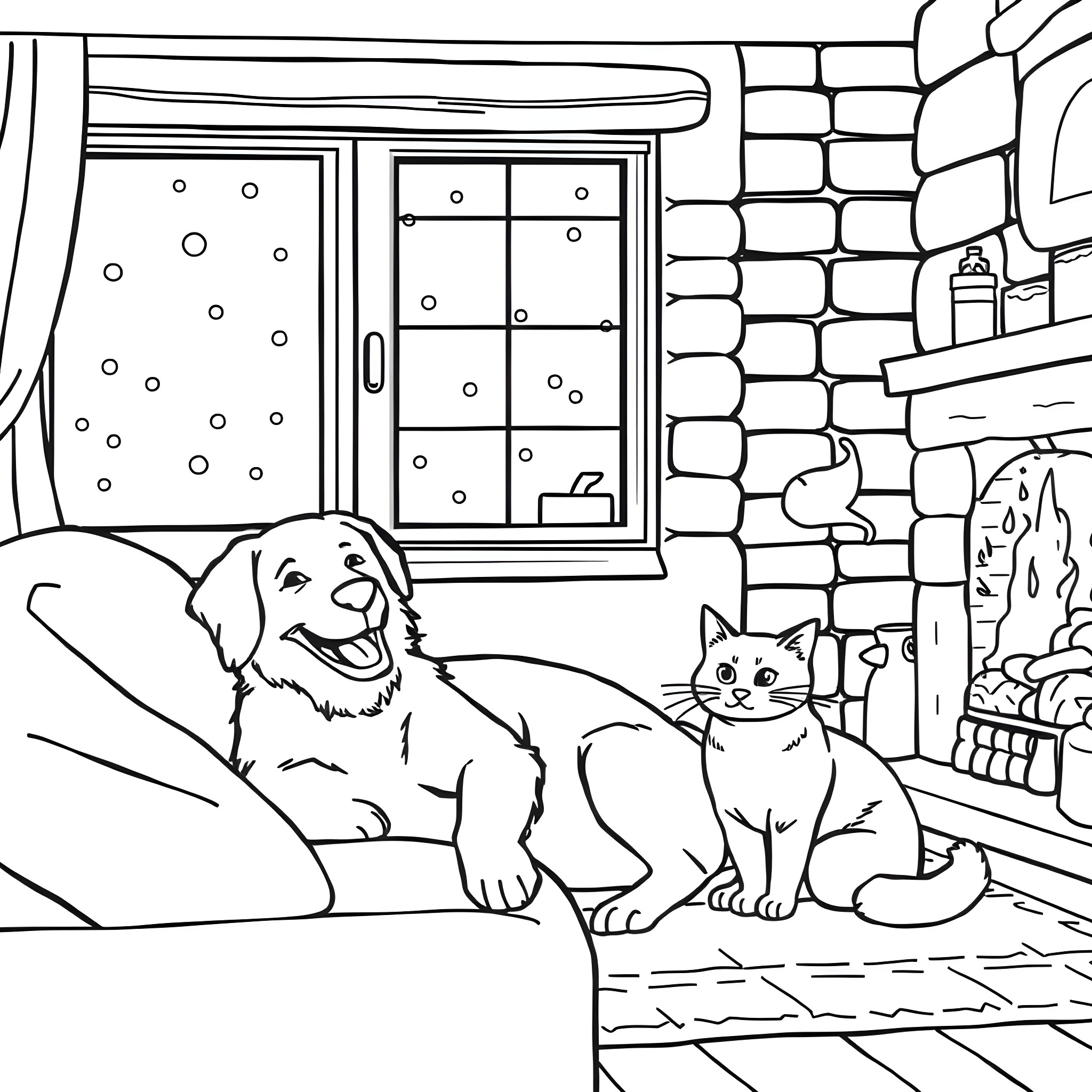 Dog and Cat Enjoying Cozy Home by the Fireplace Coloring Page (free black-and-white line drawing printable PDF for all, from beginners to advanced learners, including children, teens, adults, and seniors)