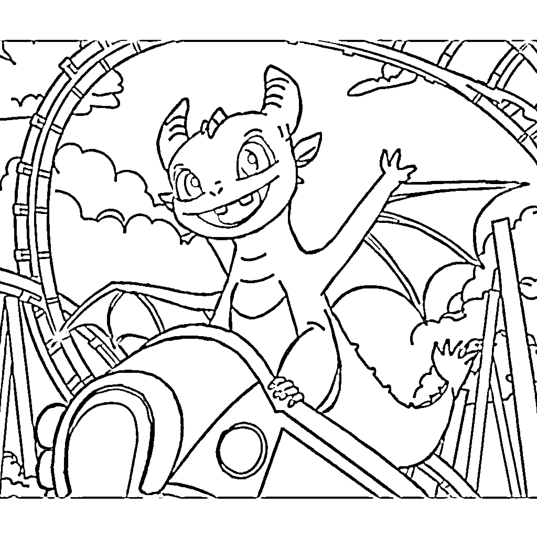 Toothless Dragon Riding a Rollercoaster Coloring Page (free black-and-white line drawing printable PDF for all, from beginners to advanced learners, including children, teens, adults, and seniors)