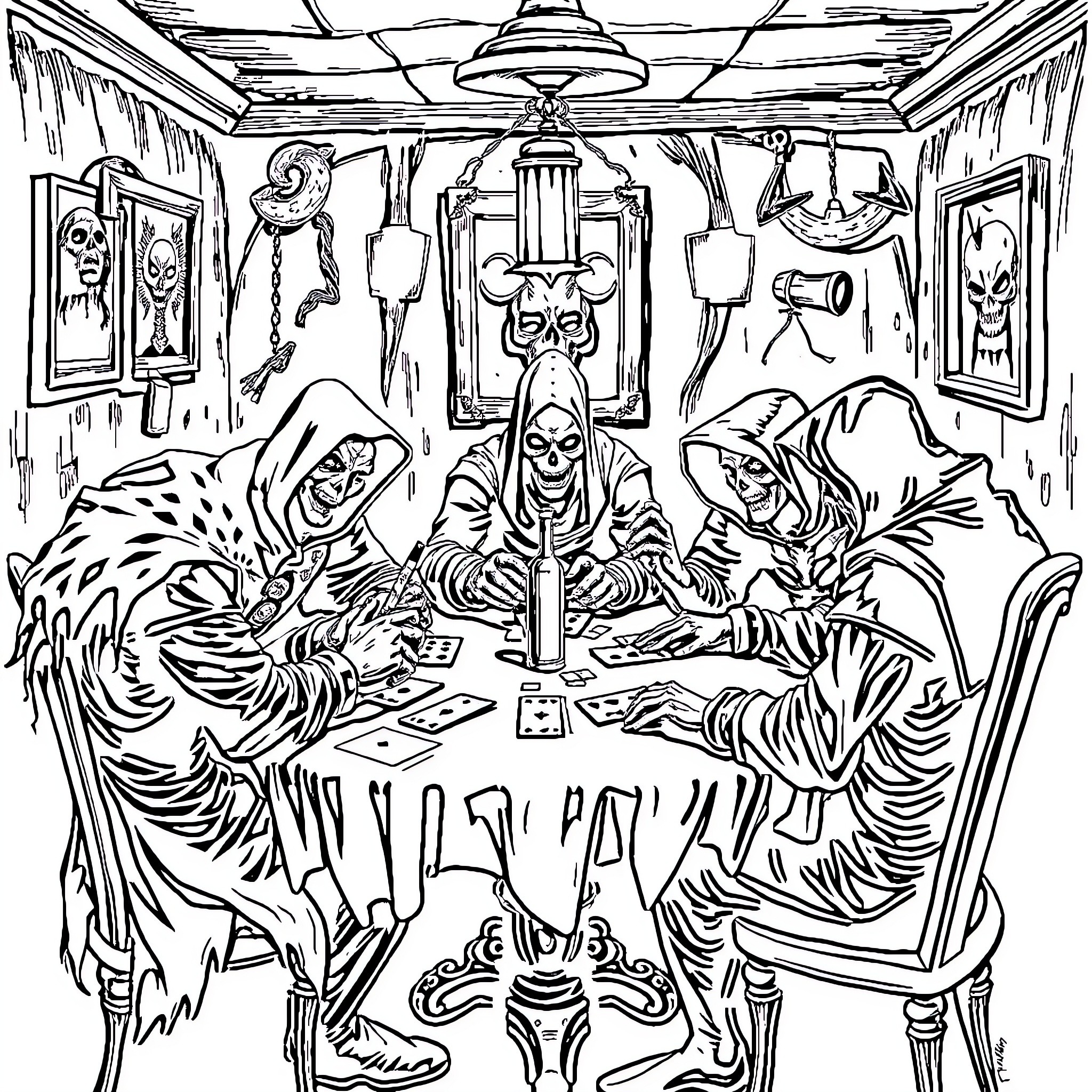 Hero's Spooky Poker Game in Haunted Tavern Coloring Page (free black-and-white line drawing printable PDF for all, from beginners to advanced learners, including children, teens, adults, and seniors)