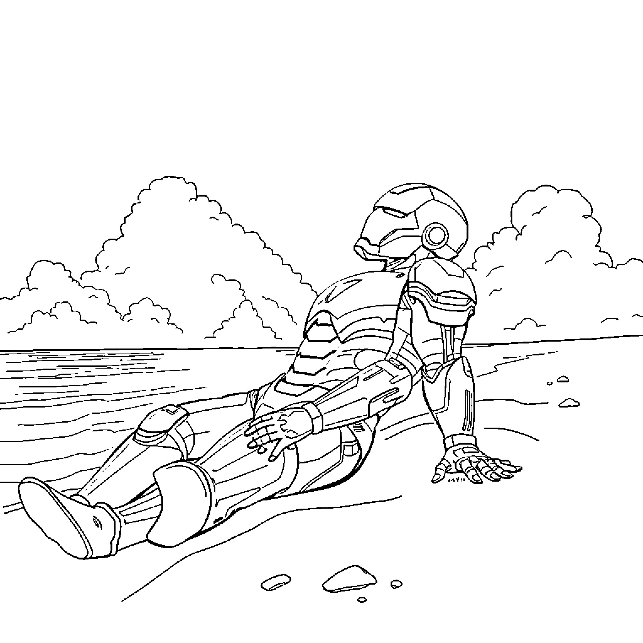 Iron Man riding a hovercraft over a lake Coloring Page (free black-and-white line drawing printable PDF for all, from beginners to advanced learners, including children, teens, adults, and seniors)