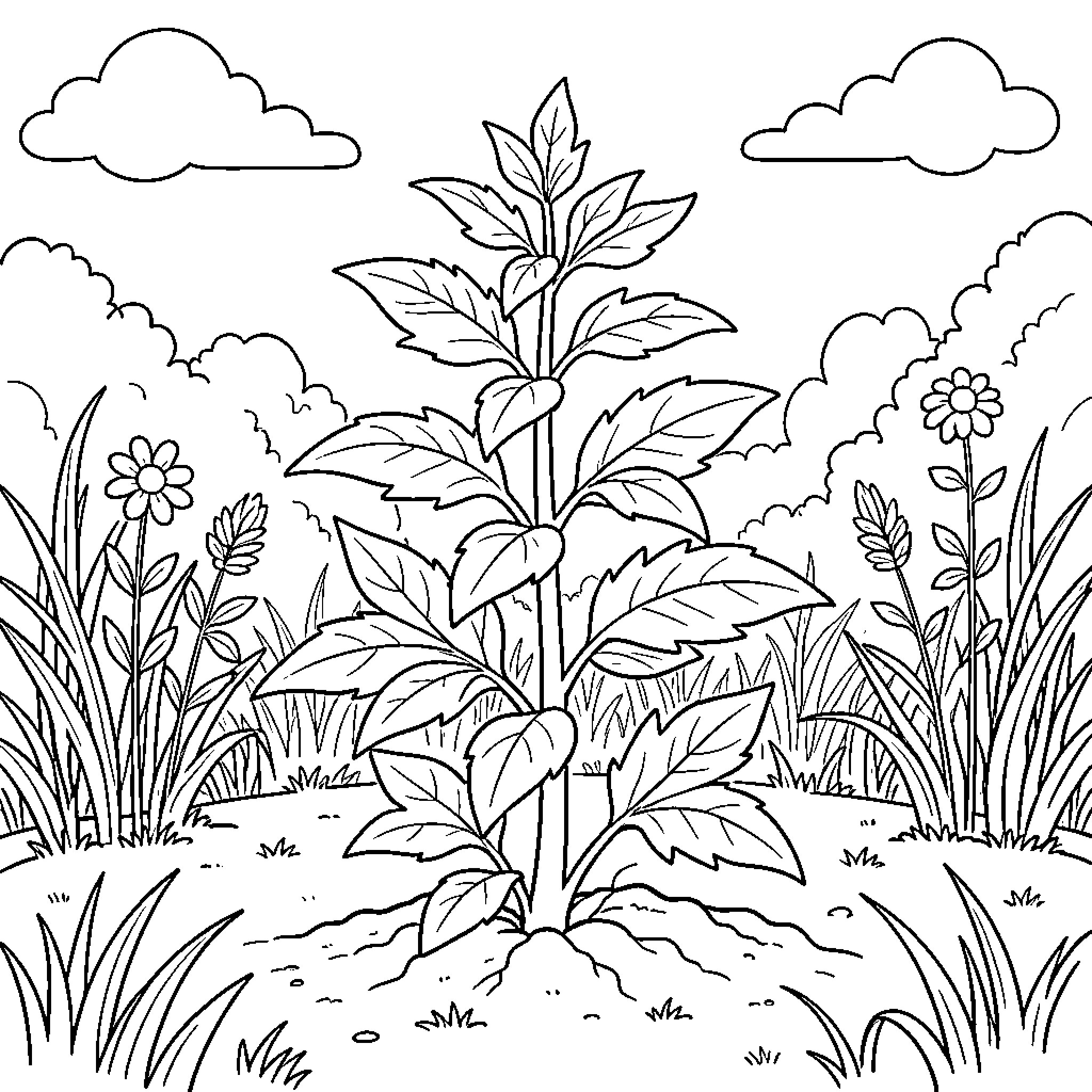 Weed growing in lush garden landscape Coloring Page (free black-and-white line drawing printable PDF for all, from beginners to advanced learners, including children, teens, adults, and seniors)