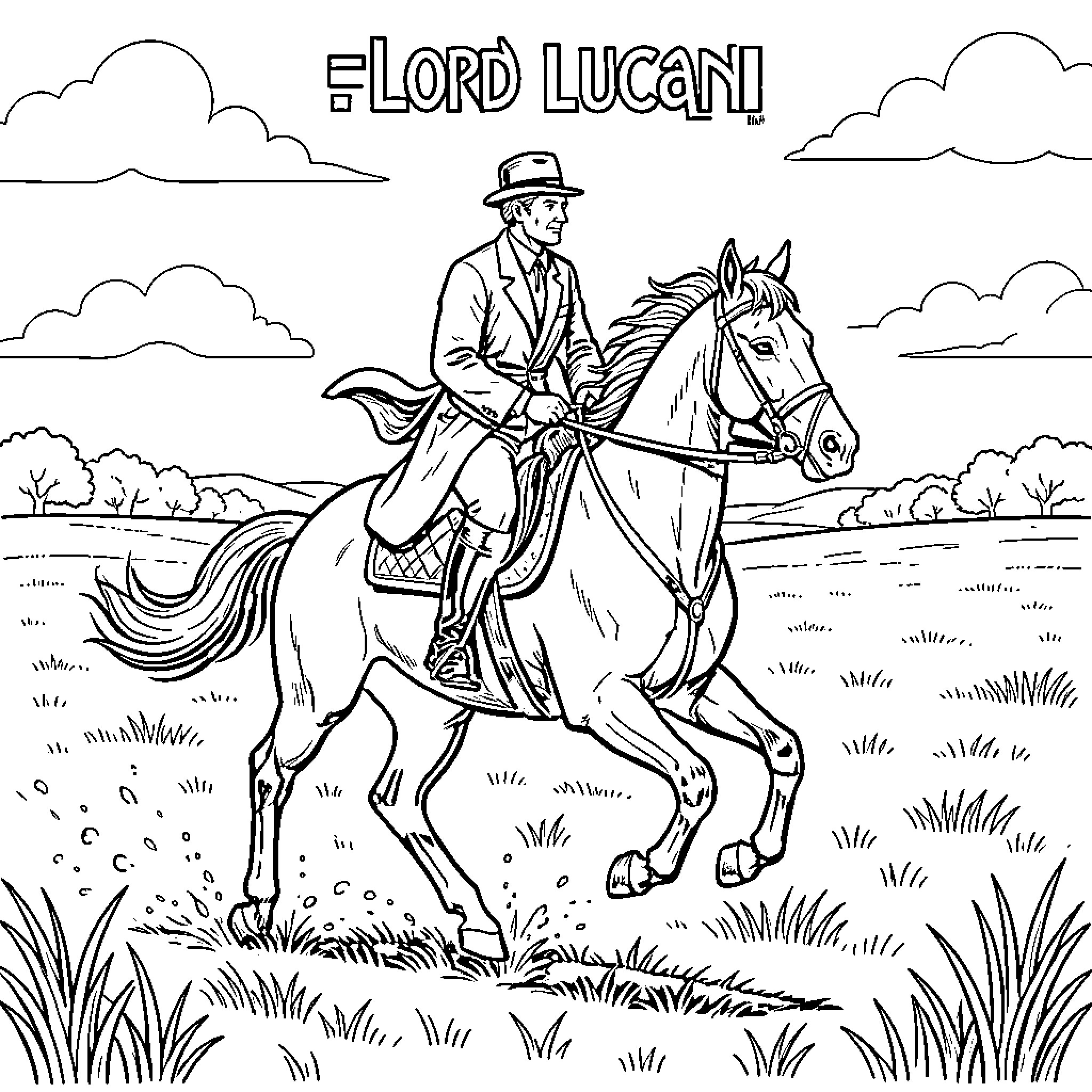 Lord Lucan riding a horse through a field Coloring Page (free black-and-white line drawing printable PDF for all, from beginners to advanced learners, including children, teens, adults, and seniors)