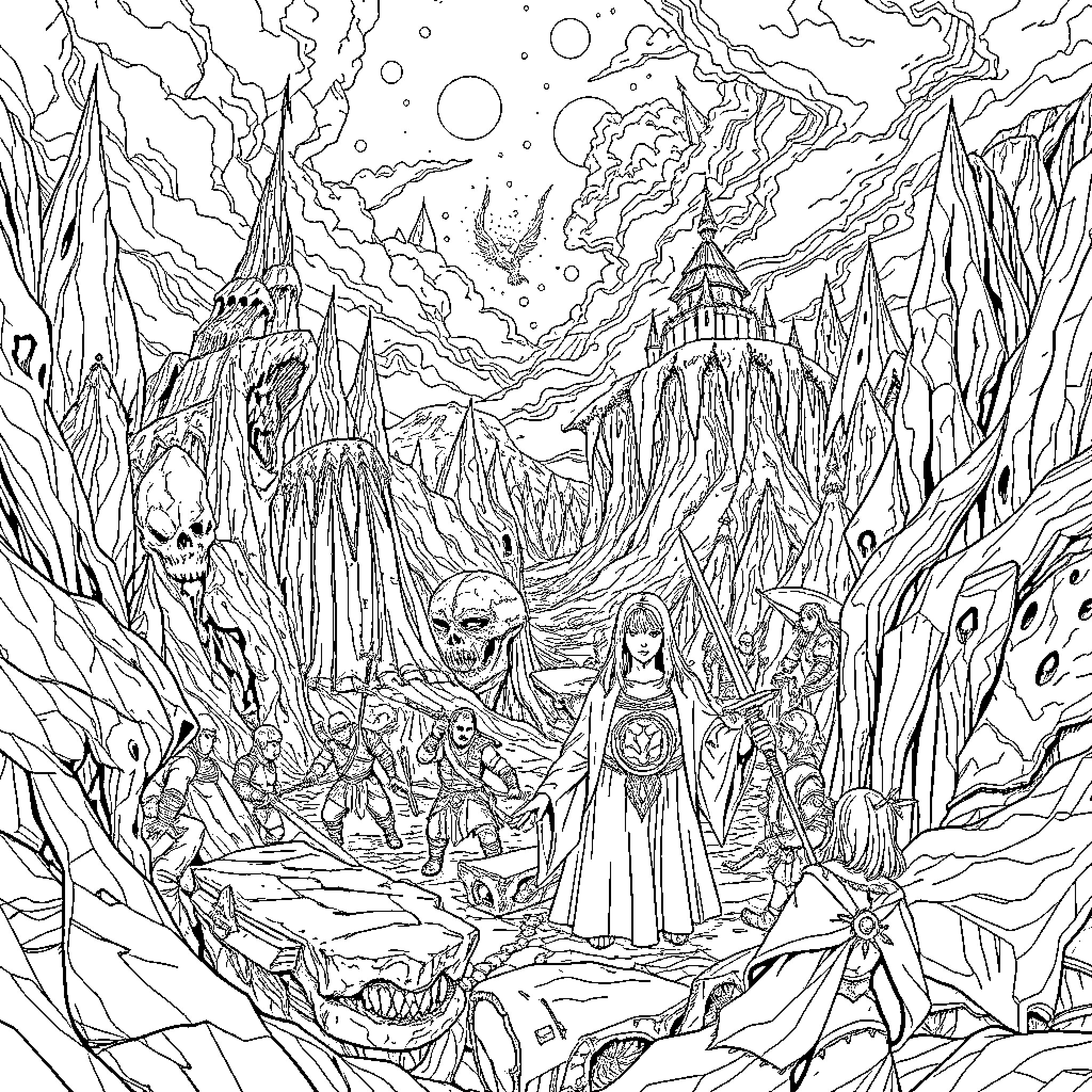 World of Warcraft: Heroes Journey Through Fantastical Landscapes Coloring Page (free black-and-white line drawing printable PDF for all, from beginners to advanced learners, including children, teens, adults, and seniors)