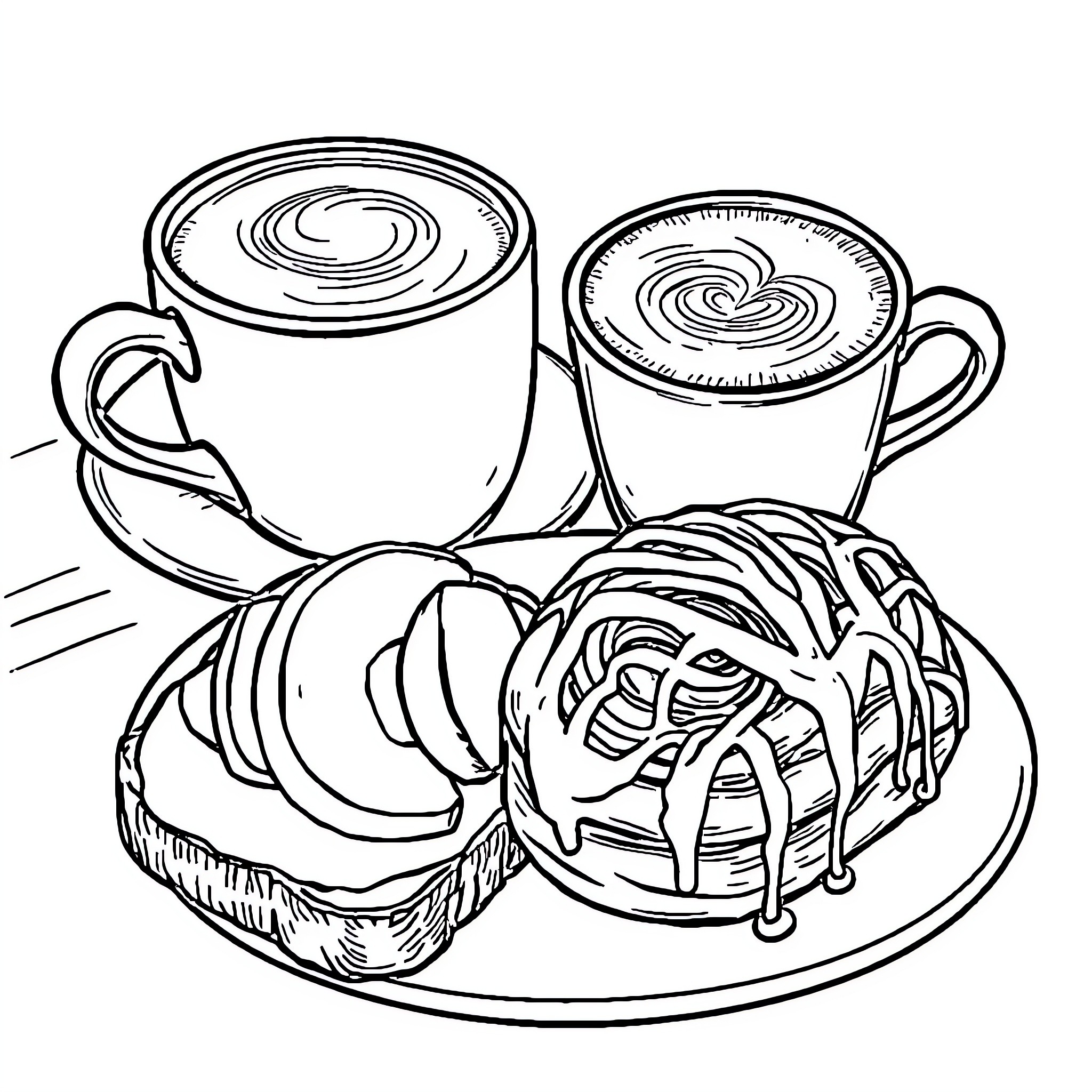 Food: Delicious coffee and sweet pastries Coloring Page (free black-and-white line drawing printable PDF for all, from beginners to advanced learners, including children, teens, adults, and seniors)