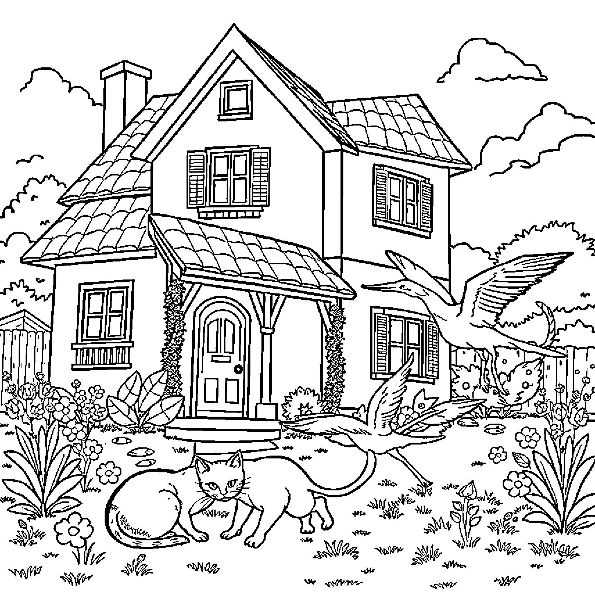 Casa with Playful Cats in the Garden Coloring Page (free black-and-white line drawing printable PDF for all, from beginners to advanced learners, including children, teens, adults, and seniors)
