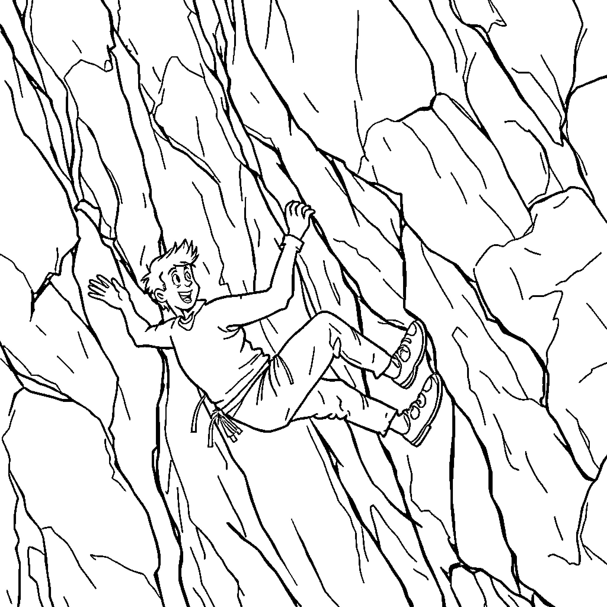 Ken scaling rocky cliff with determination Coloring Page (free black-and-white line drawing printable PDF for all, from beginners to advanced learners, including children, teens, adults, and seniors)