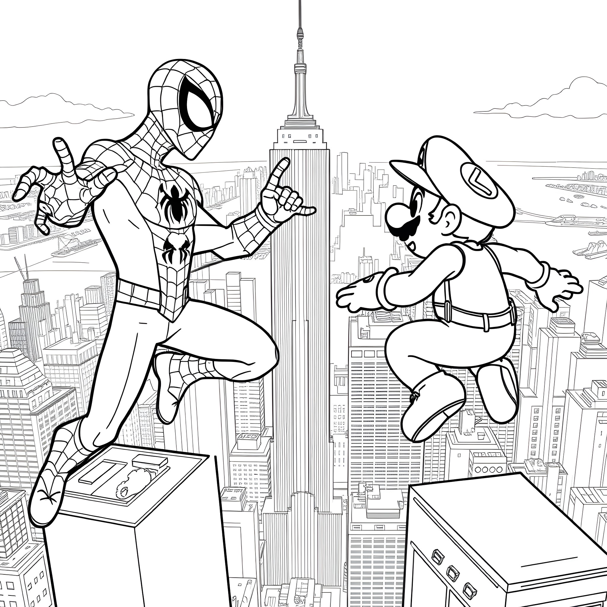 Spiderman and Super Mario leap above the city skyline Coloring Page (free black-and-white line drawing printable PDF for all, from beginners to advanced learners, including children, teens, adults, and seniors)