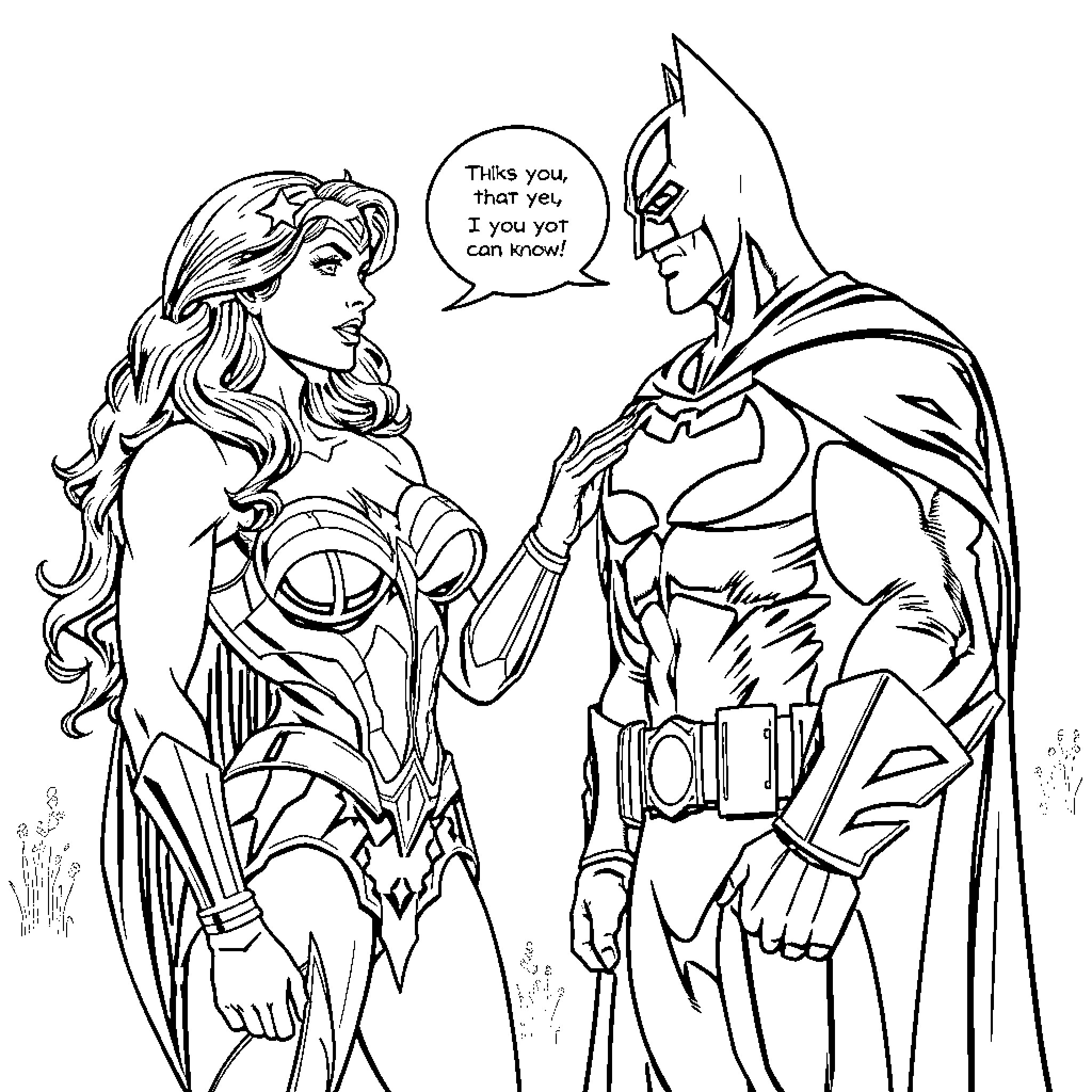 Wonder Woman and Batman in Conversation Coloring Page (free black-and-white line drawing printable PDF for all, from beginners to advanced learners, including children, teens, adults, and seniors)