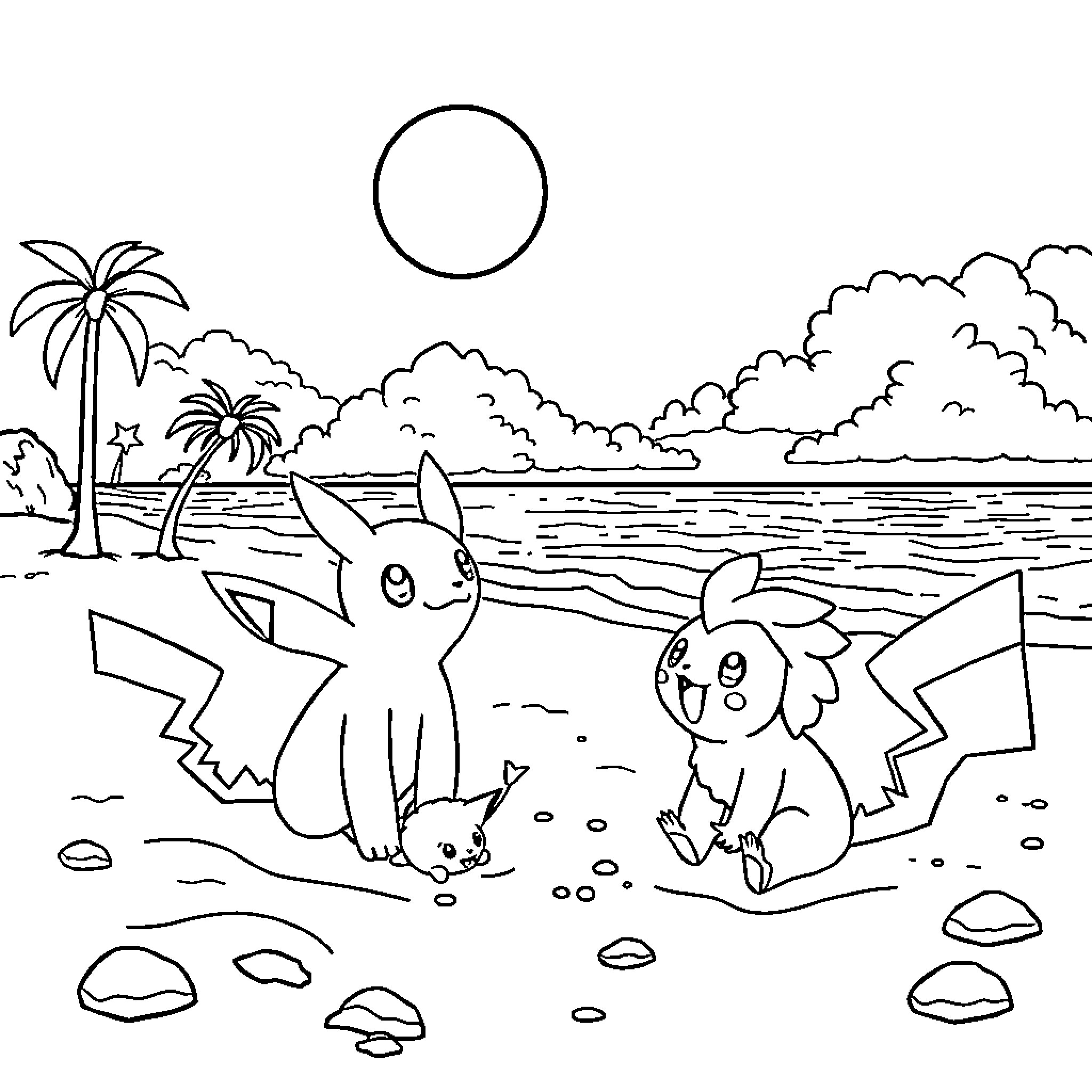 Pokémon exploring a tropical beach scene Coloring Page (free black-and-white line drawing printable PDF for all, from beginners to advanced learners, including children, teens, adults, and seniors)