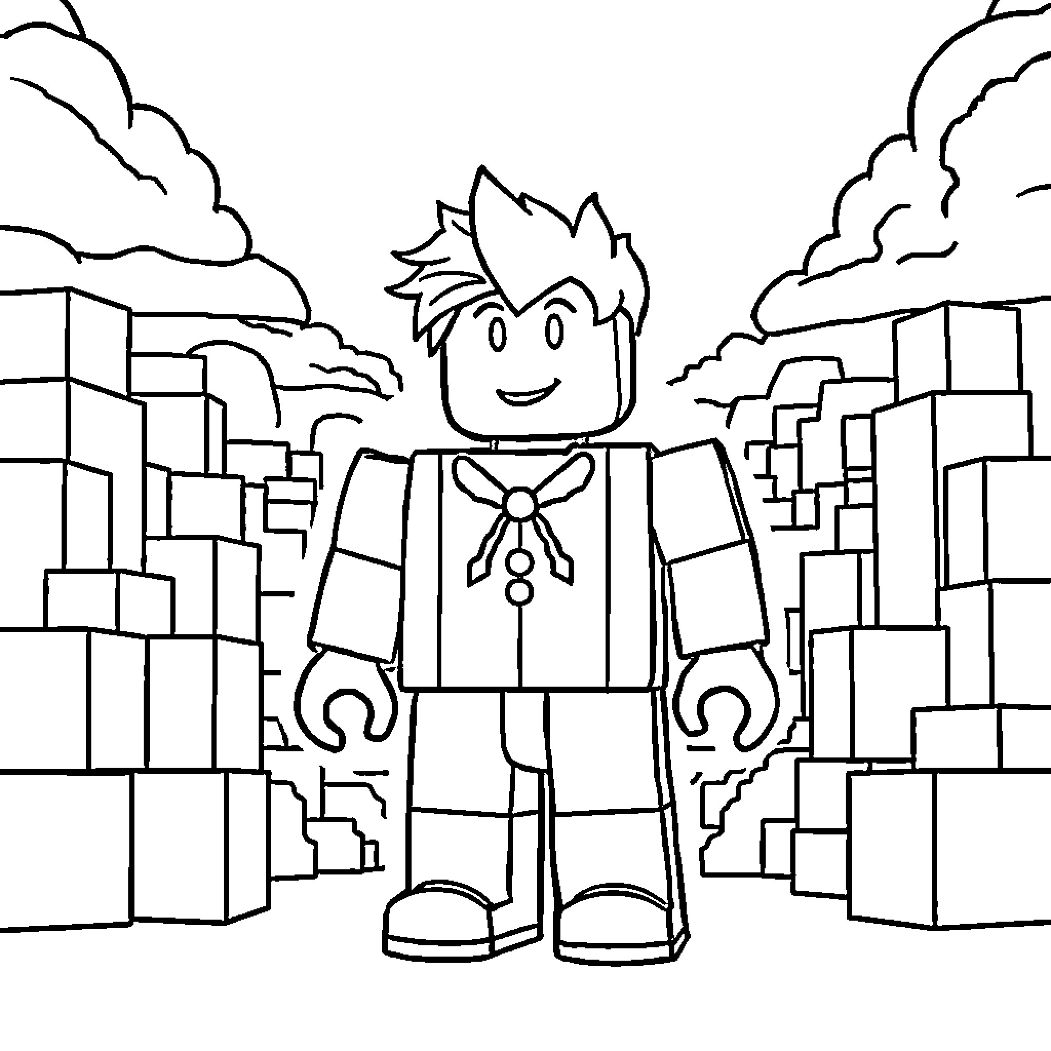 Roblox character exploring a blocky urban scene Coloring Page (free black-and-white line drawing printable PDF for all, from beginners to advanced learners, including children, teens, adults, and seniors)