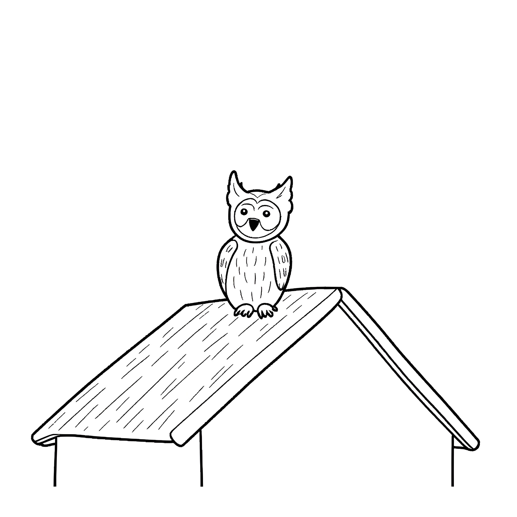 Owl sitting on a roof Coloring Page (free black-and-white line drawing printable PDF for all, from beginners to advanced learners, including children, teens, adults, and seniors)