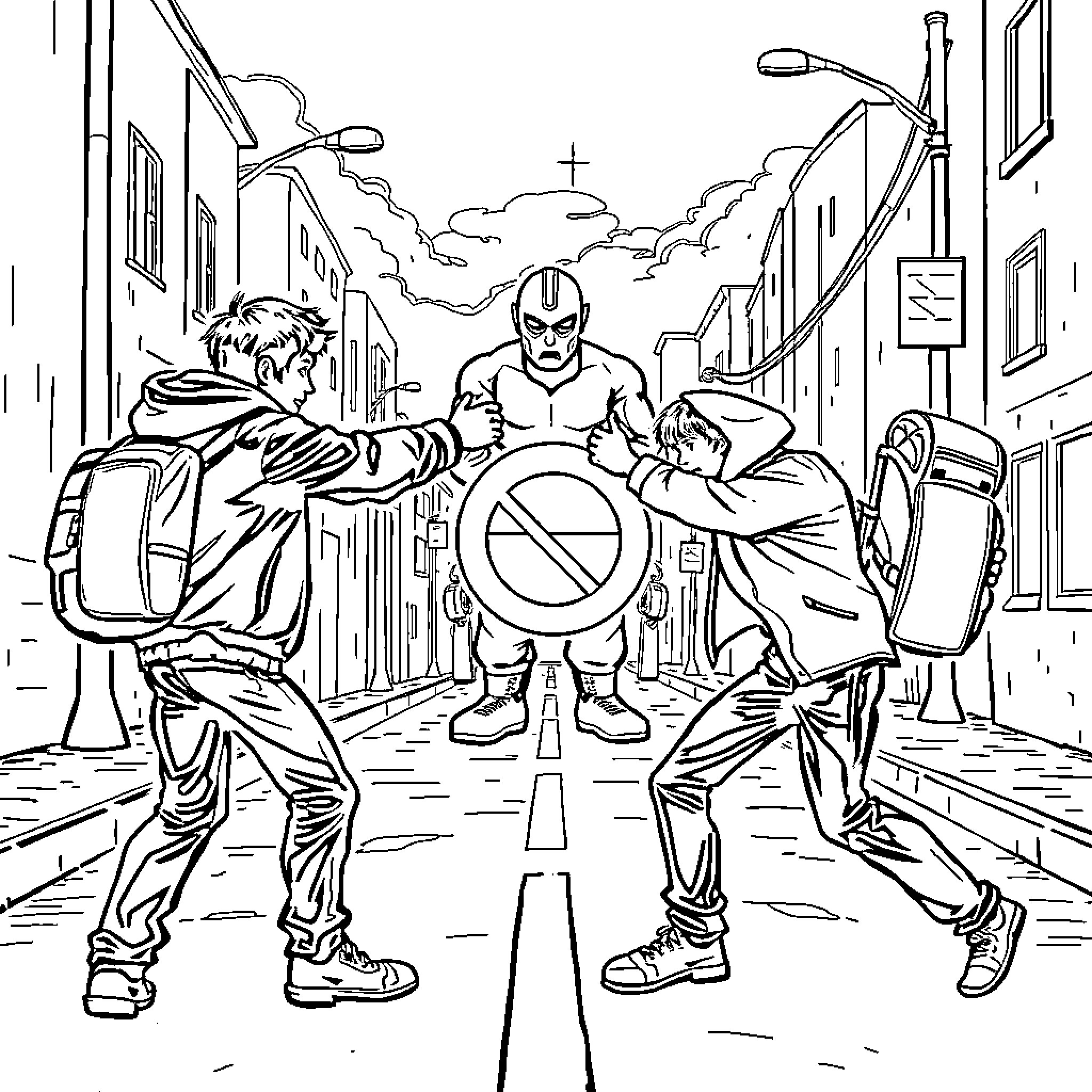 Jugendliche in Straßenszene mit Sportelementen Coloring Page (free black-and-white line drawing printable PDF for all, from beginners to advanced learners, including children, teens, adults, and seniors)